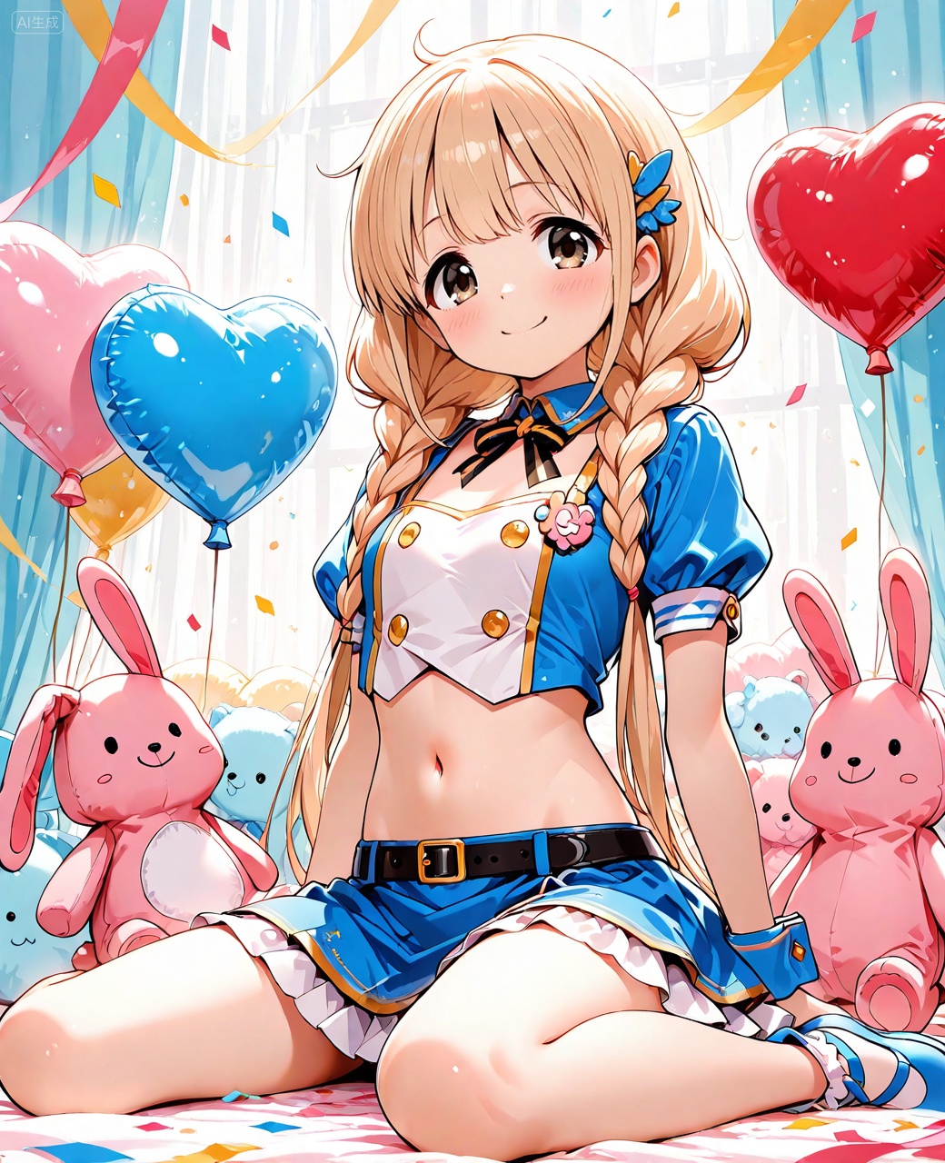 O,1girl, solo, blonde hair, braid, twin braids, skirt, smile, looking at viewer, sitting, confetti, blue skirt, blush, crop top, long hair, balloon, futaba anzu, bangs, wariza, wrist cuffs, midriff, yellow eyes, navel, brown eyes, stuffed toy, short sleeves, hair ornament, belt, Negative prompt: ((nsfw)),sketches,tattoo,(beard:1.3),(EasyNegative:1.3),badhandv4,(Teeth:1.3),(worst quality:2),(low quality:2),(normal quality:2),lowers,normal quality,facing away,looking away,text,error,extradigit,fewerdigits,cropped,jpegartifacts,signature,watermark,username,blurry,skinspots,acnes,skinblemishes,badanatomy,fat,bad feet,cropped,poorly drawn hands,poorly drawn face,mutation,deformed,tilted head.bad anatomy.bad hands,extra fingers,fewer digits.,extra limbs.extra arms,extra legs,malformed limbs.fused fingers.,too many fingers,long neck,cross-eyed,mutated hands,bad body,bad proportions,gross proportions,text,error,missing fingers,missing arms,missing legs,extra digit,extra arms,extra leg,extra foot,missing fingers,nsfw,,nsfw, Steps: 25, Sampler: DPM++ 2M Karras, CFG scale: 7.0, Image CFG scale: 1.5, Seed: 4198555741, Size: 1040x1280, Model hash: 9fefdb2c24, Model: 我大多数_1.0.safetensors, Denoising strength: 0.4, Clip skip: 2, RNG: CPU, Mask blur: 4, Lora 1: 动漫二次元眼睛刻画（基础XL）, Lora Hash 1: 488bf17588, Lora Weight 1: 0.8, Lora 2: 二次元厚涂风格模型, Lora Hash 2: 571eba0c12, Lora Weight 2: 0.6, Lora 3: 二次元动漫细节加强, Lora Hash 3: 600d97257e, Lora Weight 3: 0.3, Lora 4: Xian-T手部修复lora（不用controlnet也不坏手了）, Lora Hash 4: 4ec9e988a2, Lora Weight 4: 1.0, Lora 5: 润光A, Lora Hash 5: 93bf4ab238, Lora Weight 5: 0.2, vae_name: automatic