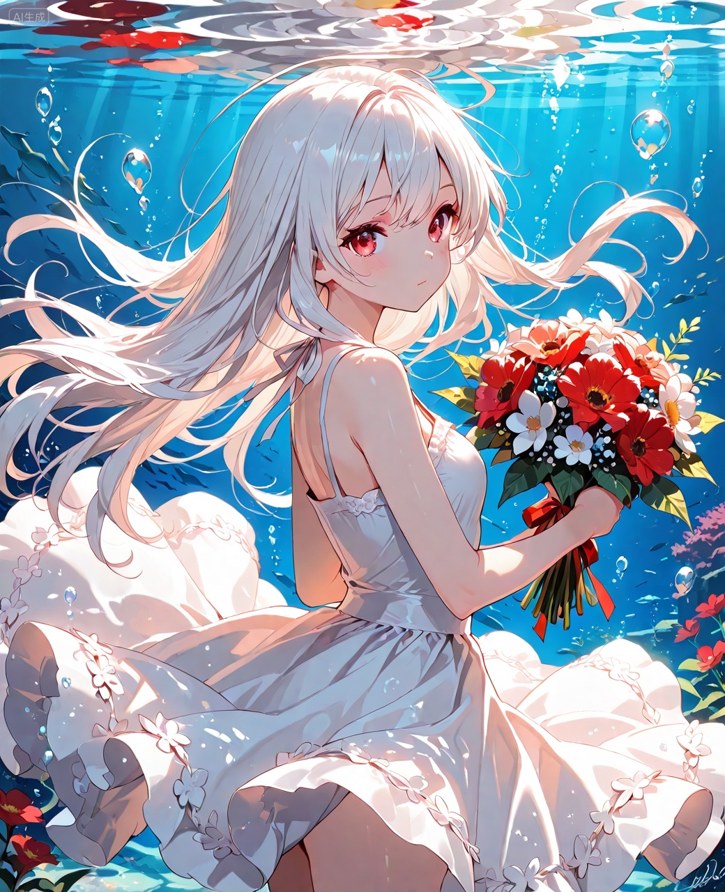 O,1girl,flower,red eyes,dress,solo,long hair,white hair,bouquet,white dress,looking at viewer,bubble,holding,signature,underwater,, Negative prompt: ((nsfw)),sketches,tattoo,(beard:1.3),(EasyNegative:1.3),badhandv4,(Teeth:1.3),(worst quality:2),(low quality:2),(normal quality:2),lowers,normal quality,facing away,looking away,text,error,extradigit,fewerdigits,cropped,jpegartifacts,signature,watermark,username,blurry,skinspots,acnes,skinblemishes,badanatomy,fat,bad feet,cropped,poorly drawn hands,poorly drawn face,mutation,deformed,tilted head.bad anatomy.bad hands,extra fingers,fewer digits.,extra limbs.extra arms,extra legs,malformed limbs.fused fingers.,too many fingers,long neck,cross-eyed,mutated hands,bad body,bad proportions,gross proportions,text,error,missing fingers,missing arms,missing legs,extra digit,extra arms,extra leg,extra foot,missing fingers,nsfw,,nsfw, Steps: 20, Sampler: DPM++ 2M Karras, CFG scale: 7.0, Seed: 3285907910, Size: 1040x1280, Model hash: 9fefdb2c24, Model: 我大多数_1.0.safetensors, Denoising strength: 0.0, Clip skip: 2, RNG: CPU, Lora 1: 动漫二次元眼睛刻画（基础XL）, Lora Hash 1: 488bf17588, Lora Weight 1: 0.8, Lora 2: 二次元厚涂风格模型, Lora Hash 2: 571eba0c12, Lora Weight 2: 0.6, Lora 3: 二次元动漫细节加强, Lora Hash 3: 600d97257e, Lora Weight 3: 0.3, Lora 4: Xian-T手部修复lora（不用controlnet也不坏手了）, Lora Hash 4: 4ec9e988a2, Lora Weight 4: 1.0, Lora 5: 润光A, Lora Hash 5: 93bf4ab238, Lora Weight 5: 0.2, vae_name: automatic