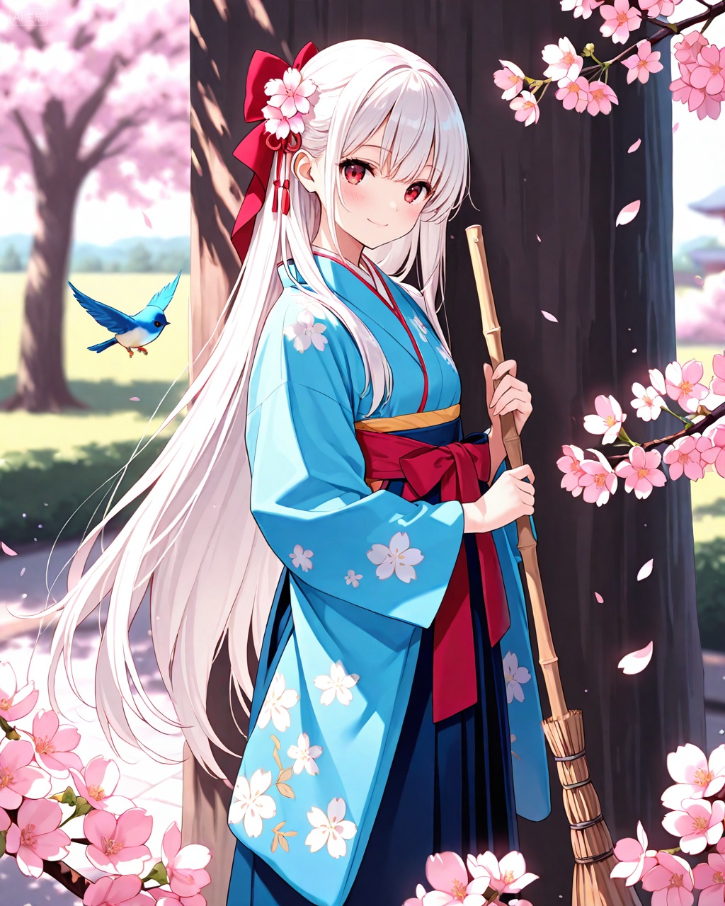 1girl, japanese clothes, solo, long hair, smile, flower, kimono, hair flower, looking at viewer, hair ornament, outdoors, cherry blossoms, red eyes, holding, blush, pink flower, bird, bangs, hakama, blurry, closed mouth, wide sleeves, white hair, long sleeves, skirt, day, blue kimono, branch, holding broom, broom, hakama skirt, bow, petals, very long hair, ribbon, tree, red bow, blurry background, depth of field, floral print, standing, hair ribbon, Negative prompt: ((nsfw)),sketches,tattoo,(beard:1.3),(EasyNegative:1.3),badhandv4,(Teeth:1.3),(worst quality:2),(low quality:2),(normal quality:2),lowers,normal quality,facing away,looking away,text,error,extradigit,fewerdigits,cropped,jpegartifacts,signature,watermark,username,blurry,skinspots,acnes,skinblemishes,badanatomy,fat,bad feet,cropped,poorly drawn hands,poorly drawn face,mutation,deformed,tilted head.bad anatomy.bad hands,extra fingers,fewer digits.,extra limbs.extra arms,extra legs,malformed limbs.fused fingers.,too many fingers,long neck,cross-eyed,mutated hands,bad body,bad proportions,gross proportions,text,error,missing fingers,missing arms,missing legs,extra digit,extra arms,extra leg,extra foot,missing fingers,nsfw,,nsfw, Steps: 25, Sampler: DPM++ 2M Karras, CFG scale: 7.0, Image CFG scale: 1.5, Seed: 1602004820, Size: 1024x1280, Model hash: 9fefdb2c24, Model: 我大多数_1.0.safetensors, Denoising strength: 0.4, Clip skip: 2, RNG: CPU, Mask blur: 4, vae_name: automatic