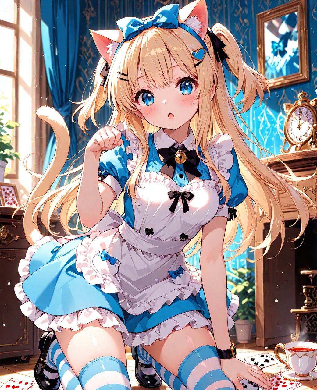 O,1girl, blonde hair, blue eyes, animal ears, solo, tail, dress, thighhighs, striped, watch, playing card, card, hair ornament, blue dress, apron, long hair, cat tail, striped thighhighs, looking at viewer, bow, frills, alice (alice in wonderland), cat ears, bangs, fake animal ears, black footwear, heart, pocket watch, cup, paw pose, key, hairclip, bell, short sleeves, collared dress, frilled dress, blush, shoes, blue bow, :o, open mouth, blurry, white apron, kneeling, breasts, ribbon, indoors, heart hair ornament, frilled apron, hairband, puffy sleeves, medium breasts, puffy short sleeves, two side up, teacup, Negative prompt: ((nsfw)),sketches,tattoo,(beard:1.3),(EasyNegative:1.3),badhandv4,(Teeth:1.3),(worst quality:2),(low quality:2),(normal quality:2),lowers,normal quality,facing away,looking away,text,error,extradigit,fewerdigits,cropped,jpegartifacts,signature,watermark,username,blurry,skinspots,acnes,skinblemishes,badanatomy,fat,bad feet,cropped,poorly drawn hands,poorly drawn face,mutation,deformed,tilted head.bad anatomy.bad hands,extra fingers,fewer digits.,extra limbs.extra arms,extra legs,malformed limbs.fused fingers.,too many fingers,long neck,cross-eyed,mutated hands,bad body,bad proportions,gross proportions,text,error,missing fingers,missing arms,missing legs,extra digit,extra arms,extra leg,extra foot,missing fingers,nsfw,,nsfw, Steps: 25, Sampler: DPM++ 2M Karras, CFG scale: 7.0, Image CFG scale: 1.5, Seed: 4070920158, Size: 1040x1280, Model hash: 9fefdb2c24, Model: 我大多数_1.0.safetensors, Denoising strength: 0.4, Clip skip: 2, RNG: CPU, Mask blur: 4, Lora 1: 动漫二次元眼睛刻画（基础XL）, Lora Hash 1: 488bf17588, Lora Weight 1: 0.8, Lora 2: 二次元厚涂风格模型, Lora Hash 2: 571eba0c12, Lora Weight 2: 0.6, Lora 3: 二次元动漫细节加强, Lora Hash 3: 600d97257e, Lora Weight 3: 0.3, Lora 4: Xian-T手部修复lora（不用controlnet也不坏手了）, Lora Hash 4: 4ec9e988a2, Lora Weight 4: 1.0, Lora 5: 润光A, Lora Hash 5: 93bf4ab238, Lora Weight 5: 0.2, vae_name: automatic