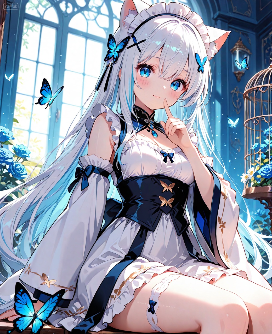 O,1girl, butterfly, blue butterfly, bug, solo, cage, long hair, birdcage, finger to mouth, animal ears, blue eyes, looking at viewer, hair ornament, breasts, dress, bangs, blush, flower, white hair, blue flower, white dress, indoors, hair between eyes, maid headdress, index finger raised, blurry, wide sleeves, multicolored hair, holding, x hair ornament, frills, very long hair, blue hair, cat ears, jewelry, long sleeves, medium breasts, Negative prompt: ((nsfw)),sketches,tattoo,(beard:1.3),(EasyNegative:1.3),badhandv4,(Teeth:1.3),(worst quality:2),(low quality:2),(normal quality:2),lowers,normal quality,facing away,looking away,text,error,extradigit,fewerdigits,cropped,jpegartifacts,signature,watermark,username,blurry,skinspots,acnes,skinblemishes,badanatomy,fat,bad feet,cropped,poorly drawn hands,poorly drawn face,mutation,deformed,tilted head.bad anatomy.bad hands,extra fingers,fewer digits.,extra limbs.extra arms,extra legs,malformed limbs.fused fingers.,too many fingers,long neck,cross-eyed,mutated hands,bad body,bad proportions,gross proportions,text,error,missing fingers,missing arms,missing legs,extra digit,extra arms,extra leg,extra foot,missing fingers,nsfw,,nsfw, Steps: 25, Sampler: DPM++ 2M Karras, CFG scale: 7.0, Image CFG scale: 1.5, Seed: 865074496, Size: 1040x1280, Model hash: 9fefdb2c24, Model: 我大多数_1.0.safetensors, Denoising strength: 0.4, Clip skip: 2, RNG: CPU, Mask blur: 4, Lora 1: 动漫二次元眼睛刻画（基础XL）, Lora Hash 1: 488bf17588, Lora Weight 1: 0.8, Lora 2: 二次元厚涂风格模型, Lora Hash 2: 571eba0c12, Lora Weight 2: 0.6, Lora 3: 二次元动漫细节加强, Lora Hash 3: 600d97257e, Lora Weight 3: 0.3, Lora 4: Xian-T手部修复lora（不用controlnet也不坏手了）, Lora Hash 4: 4ec9e988a2, Lora Weight 4: 1.0, Lora 5: 润光A, Lora Hash 5: 93bf4ab238, Lora Weight 5: 0.2, vae_name: automatic