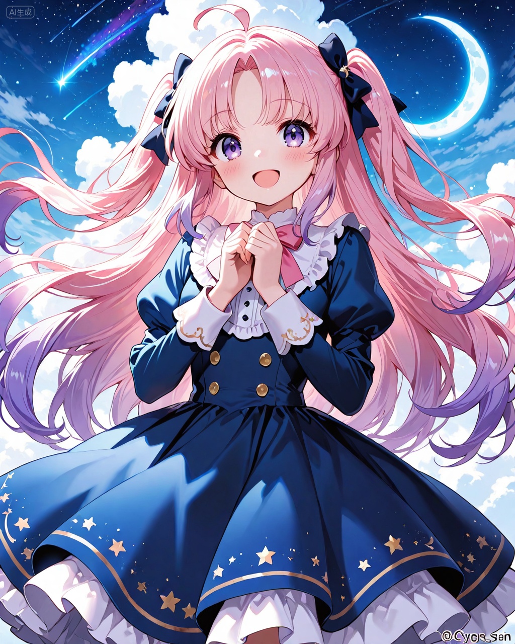 Five fingers,1girl,solo,bow,dress,long sleeves,sky,smile,cloud,pink hair,blue dress,puffy sleeves,purple eyes,blue bow,long hair,rainbow,frilled dress,:d,frills,bangs,hair bow,multicolored hair,parted bangs,blush,looking at viewer,gradient hair,open mouth,star (symbol),pink bow,outdoors,ahoge,juliet sleeves,own hands together,two side up,shooting star,pleated dress,cloudy sky,hands up,purple hair,crescent moon,watermark,very long hair,moon,puffy long sleeves,crescent,twitter username,black bow,blue sky,star (sky),standing,, Negative prompt: ((nsfw)),sketches,tattoo,(beard:1.3),(EasyNegative:1.3),badhandv4,(Teeth:1.3),(worst quality:2),(low quality:2),(normal quality:2),lowers,normal quality,facing away,looking away,text,error,extradigit,fewerdigits,cropped,jpegartifacts,signature,watermark,username,blurry,skinspots,acnes,skinblemishes,badanatomy,fat,bad feet,cropped,poorly drawn hands,poorly drawn face,mutation,deformed,tilted head.bad anatomy.bad hands,extra fingers,fewer digits.,extra limbs.extra arms,extra legs,malformed limbs.fused fingers.,too many fingers,long neck,cross-eyed,mutated hands,bad body,bad proportions,gross proportions,text,error,missing fingers,missing arms,missing legs,extra digit,extra arms,extra leg,extra foot,missing fingers,nsfw,,nsfw, Steps: 25, Sampler: DPM++ 2M Karras, CFG scale: 7.0, Image CFG scale: 1.5, Seed: 2179448047, Size: 1024x1280, Model hash: 9fefdb2c24, Model: 我大多数_1.0.safetensors, Denoising strength: 0.4, Clip skip: 2, RNG: CPU, Mask blur: 4, Lora 1: 动漫二次元眼睛刻画（基础XL）, Lora Hash 1: 488bf17588, Lora Weight 1: 0.8, Lora 2: 二次元厚涂风格模型, Lora Hash 2: 571eba0c12, Lora Weight 2: 0.4, Lora 3: 二次元动漫细节加强, Lora Hash 3: 600d97257e, Lora Weight 3: 0.3, Lora 4: Xian-T手部修复lora（不用controlnet也不坏手了）, Lora Hash 4: 4ec9e988a2, Lora Weight 4: 1.0, vae_name: automatic