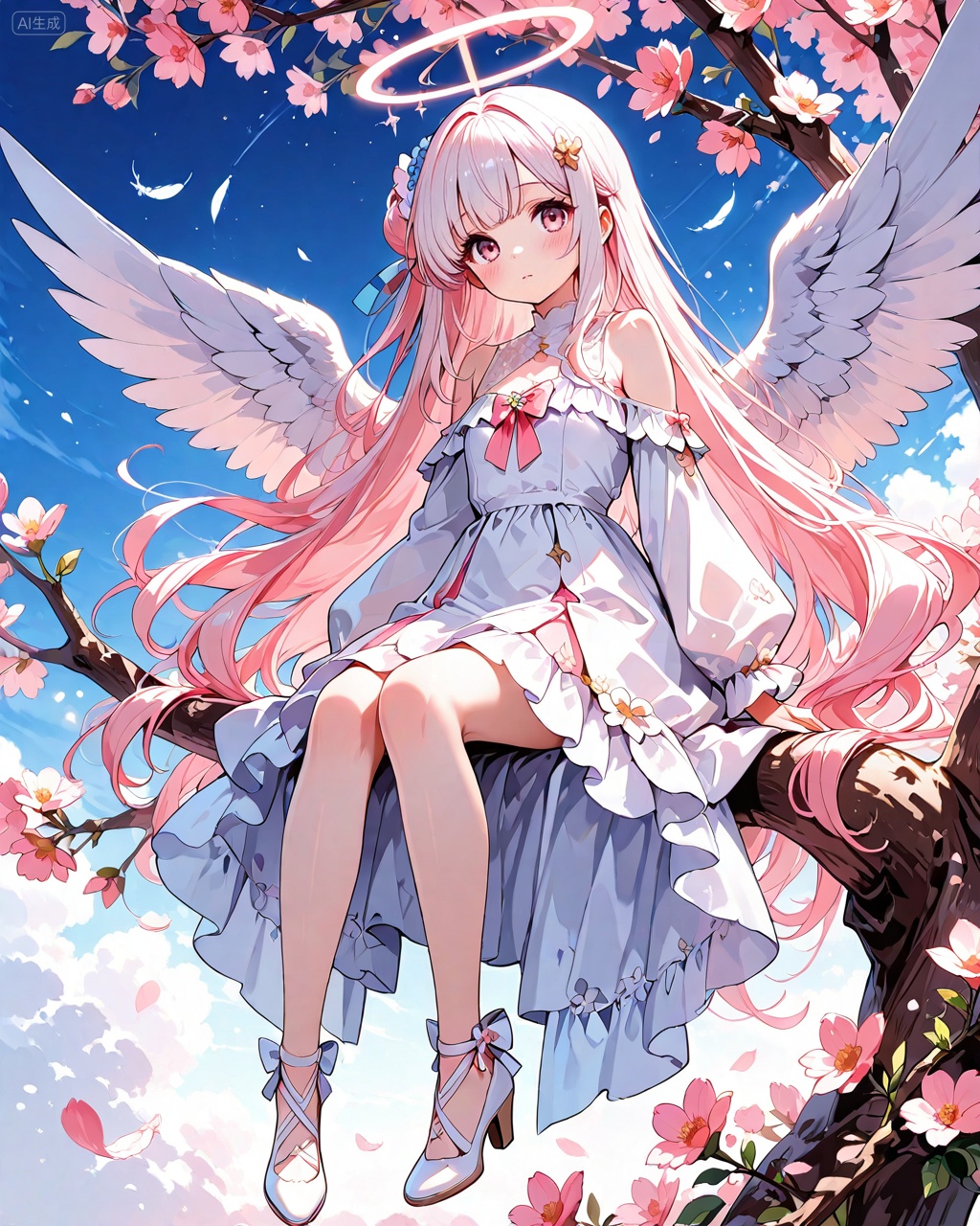 1girl,long hair,solo,wings,dress,pink hair,flower,very long hair,halo,pink eyes,bangs,angel wings,pink flower,white wings,sitting,white dress,white footwear,bare shoulders,white hair,blush,feathered wings,hair ornament,closed mouth,long sleeves,angel,high heels,branch,full body,, Negative prompt: ((nsfw)),sketches,tattoo,(beard:1.3),(EasyNegative:1.3),badhandv4,(Teeth:1.3),(worst quality:2),(low quality:2),(normal quality:2),lowers,normal quality,facing away,looking away,text,error,extradigit,fewerdigits,cropped,jpegartifacts,signature,watermark,username,blurry,skinspots,acnes,skinblemishes,badanatomy,fat,bad feet,cropped,poorly drawn hands,poorly drawn face,mutation,deformed,tilted head.bad anatomy.bad hands,extra fingers,fewer digits.,extra limbs.extra arms,extra legs,malformed limbs.fused fingers.,too many fingers,long neck,cross-eyed,mutated hands,bad body,bad proportions,gross proportions,text,error,missing fingers,missing arms,missing legs,extra digit,extra arms,extra leg,extra foot,missing fingers,nsfw,,nsfw, Steps: 25, Sampler: DPM++ 2M Karras, CFG scale: 7.0, Image CFG scale: 1.5, Seed: 2629336989, Size: 1024x1280, Model hash: 9fefdb2c24, Model: 我大多数_1.0.safetensors, Denoising strength: 0.4, Clip skip: 2, RNG: CPU, Mask blur: 4, Lora 1: 动漫二次元眼睛刻画（基础XL）, Lora Hash 1: 488bf17588, Lora Weight 1: 0.8, Lora 2: 二次元厚涂风格模型, Lora Hash 2: 571eba0c12, Lora Weight 2: 0.6, Lora 3: 二次元动漫细节加强, Lora Hash 3: 600d97257e, Lora Weight 3: 0.3, Lora 4: Xian-T手部修复lora（不用controlnet也不坏手了）, Lora Hash 4: 4ec9e988a2, Lora Weight 4: 1.0, vae_name: automatic