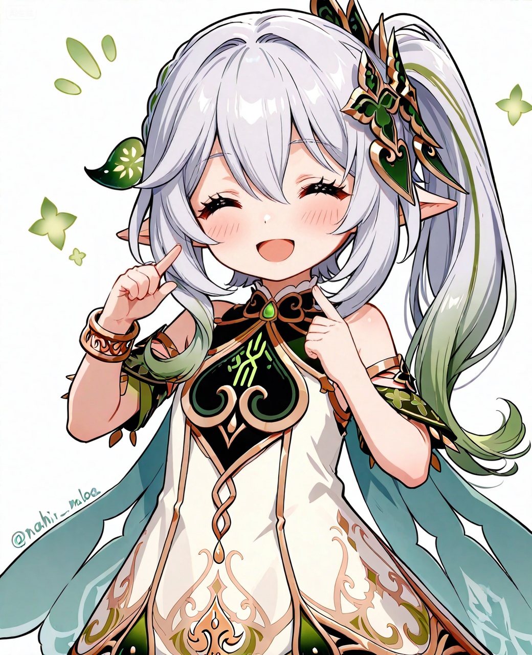 O,1girl, nahida (genshin impact), solo, closed eyes, pointy ears, multicolored hair, dress, smile, hair ornament, white background, white dress, simple background, long hair, bangs, side ponytail, open mouth, braid, green hair, gradient hair, ^_^, blush, white hair, pointing at self, bracelet, jewelry, sleeveless dress, grey hair, detached sleeves, sleeveless, hair between eyes, :d, leaf hair ornament, cowboy shot, twitter username, Negative prompt: ((nsfw)),sketches,tattoo,(beard:1.3),(EasyNegative:1.3),badhandv4,(Teeth:1.3),(worst quality:2),(low quality:2),(normal quality:2),lowers,normal quality,facing away,looking away,text,error,extradigit,fewerdigits,cropped,jpegartifacts,signature,watermark,username,blurry,skinspots,acnes,skinblemishes,badanatomy,fat,bad feet,cropped,poorly drawn hands,poorly drawn face,mutation,deformed,tilted head.bad anatomy.bad hands,extra fingers,fewer digits.,extra limbs.extra arms,extra legs,malformed limbs.fused fingers.,too many fingers,long neck,cross-eyed,mutated hands,bad body,bad proportions,gross proportions,text,error,missing fingers,missing arms,missing legs,extra digit,extra arms,extra leg,extra foot,missing fingers,nsfw,,nsfw, Steps: 25, Sampler: DPM++ 2M Karras, CFG scale: 7.0, Image CFG scale: 1.5, Seed: 4043666971, Size: 1040x1280, Model hash: 9fefdb2c24, Model: 我大多数_1.0.safetensors, Denoising strength: 0.4, Clip skip: 2, RNG: CPU, Mask blur: 4, Lora 1: 动漫二次元眼睛刻画（基础XL）, Lora Hash 1: 488bf17588, Lora Weight 1: 0.8, Lora 2: 二次元厚涂风格模型, Lora Hash 2: 571eba0c12, Lora Weight 2: 0.6, Lora 3: 二次元动漫细节加强, Lora Hash 3: 600d97257e, Lora Weight 3: 0.3, Lora 4: Xian-T手部修复lora（不用controlnet也不坏手了）, Lora Hash 4: 4ec9e988a2, Lora Weight 4: 1.0, Lora 5: 润光A, Lora Hash 5: 93bf4ab238, Lora Weight 5: 0.2, vae_name: automatic