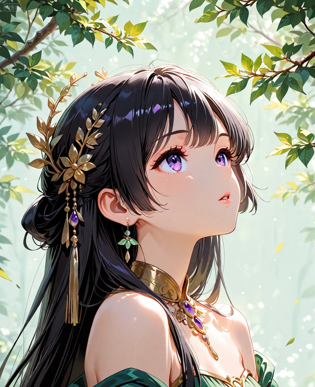 O,1girl, long hair, solo, black hair, dress, green dress, hair ornament, purple eyes, bare shoulders, bangs, branch, upper body, jewelry, parted lips, looking up, Negative prompt: ((nsfw)),sketches,tattoo,(beard:1.3),(EasyNegative:1.3),badhandv4,(Teeth:1.3),(worst quality:2),(low quality:2),(normal quality:2),lowers,normal quality,facing away,looking away,text,error,extradigit,fewerdigits,cropped,jpegartifacts,signature,watermark,username,blurry,skinspots,acnes,skinblemishes,badanatomy,fat,bad feet,cropped,poorly drawn hands,poorly drawn face,mutation,deformed,tilted head.bad anatomy.bad hands,extra fingers,fewer digits.,extra limbs.extra arms,extra legs,malformed limbs.fused fingers.,too many fingers,long neck,cross-eyed,mutated hands,bad body,bad proportions,gross proportions,text,error,missing fingers,missing arms,missing legs,extra digit,extra arms,extra leg,extra foot,missing fingers,nsfw,,nsfw, Steps: 20, Sampler: DPM++ 2M Karras, CFG scale: 7.0, Seed: 292848343, Size: 1040x1280, Model hash: 9fefdb2c24, Model: 我大多数_1.0.safetensors, Denoising strength: 0.0, Clip skip: 2, RNG: CPU, Lora 1: 动漫二次元眼睛刻画（基础XL）, Lora Hash 1: 488bf17588, Lora Weight 1: 0.8, Lora 2: 二次元厚涂风格模型, Lora Hash 2: 571eba0c12, Lora Weight 2: 0.6, Lora 3: 二次元动漫细节加强, Lora Hash 3: 600d97257e, Lora Weight 3: 0.3, Lora 4: Xian-T手部修复lora（不用controlnet也不坏手了）, Lora Hash 4: 4ec9e988a2, Lora Weight 4: 1.0, Lora 5: 润光A, Lora Hash 5: 93bf4ab238, Lora Weight 5: 0.2, vae_name: automatic