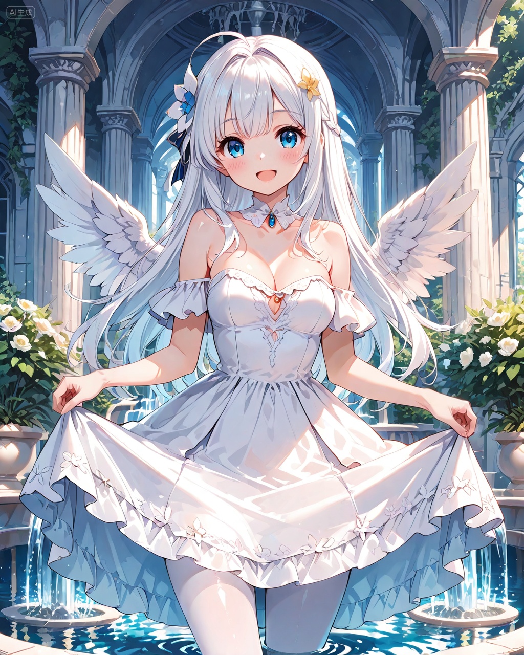 1girl, solo, breasts, smile, blue eyes, long hair, dress, flower, wings, water, looking at viewer, hair ornament, white dress, bare shoulders, hair flower, open mouth, bangs, feathered wings, ahoge, cleavage, skirt hold, :d, white wings, medium breasts, plant, white hair, blush, off-shoulder dress, fountain, off shoulder, white flower, pillar, pantyhose, arch, collarbone, choker, strapless dress, strapless, detached collar, white pantyhose, wading, hair intakes, Negative prompt: ((nsfw)),sketches,tattoo,(beard:1.3),(EasyNegative:1.3),badhandv4,(Teeth:1.3),(worst quality:2),(low quality:2),(normal quality:2),lowers,normal quality,facing away,looking away,text,error,extradigit,fewerdigits,cropped,jpegartifacts,signature,watermark,username,blurry,skinspots,acnes,skinblemishes,badanatomy,fat,bad feet,cropped,poorly drawn hands,poorly drawn face,mutation,deformed,tilted head.bad anatomy.bad hands,extra fingers,fewer digits.,extra limbs.extra arms,extra legs,malformed limbs.fused fingers.,too many fingers,long neck,cross-eyed,mutated hands,bad body,bad proportions,gross proportions,text,error,missing fingers,missing arms,missing legs,extra digit,extra arms,extra leg,extra foot,missing fingers,nsfw,,nsfw, Steps: 25, Sampler: DPM++ 2M Karras, CFG scale: 7.0, Image CFG scale: 1.5, Seed: 4036913428, Size: 1024x1280, Model hash: 9fefdb2c24, Model: 我大多数_1.0.safetensors, Denoising strength: 0.4, Clip skip: 2, RNG: CPU, Mask blur: 4, Lora 1: 动漫二次元眼睛刻画（基础XL）, Lora Hash 1: 488bf17588, Lora Weight 1: 0.8, Lora 2: 二次元厚涂风格模型, Lora Hash 2: 571eba0c12, Lora Weight 2: 0.6, Lora 3: 二次元动漫细节加强, Lora Hash 3: 600d97257e, Lora Weight 3: 0.3, Lora 4: Xian-T手部修复lora（不用controlnet也不坏手了）, Lora Hash 4: 4ec9e988a2, Lora Weight 4: 1.0, vae_name: automatic