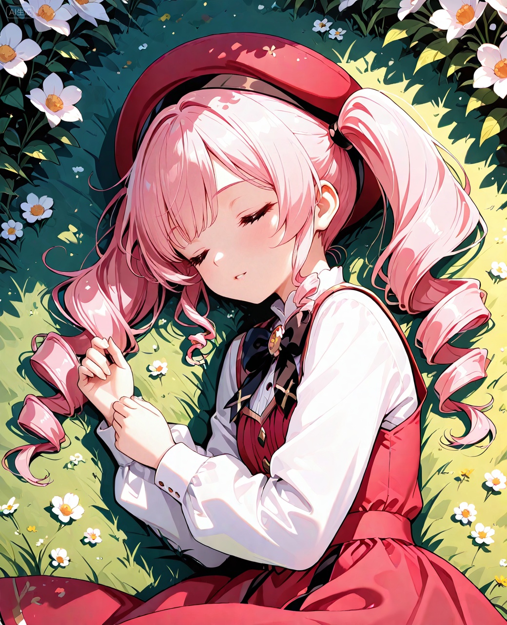 O,1girl, pink hair, closed eyes, on side, lying, hat, flower, twintails, long sleeves, dress, bow, white flower, smile, red headwear, long hair, grass, bowtie, bangs, drill hair, sleeping, parted lips, outdoors, Negative prompt: ((nsfw)),sketches,tattoo,(beard:1.3),(EasyNegative:1.3),badhandv4,(Teeth:1.3),(worst quality:2),(low quality:2),(normal quality:2),lowers,normal quality,facing away,looking away,text,error,extradigit,fewerdigits,cropped,jpegartifacts,signature,watermark,username,blurry,skinspots,acnes,skinblemishes,badanatomy,fat,bad feet,cropped,poorly drawn hands,poorly drawn face,mutation,deformed,tilted head.bad anatomy.bad hands,extra fingers,fewer digits.,extra limbs.extra arms,extra legs,malformed limbs.fused fingers.,too many fingers,long neck,cross-eyed,mutated hands,bad body,bad proportions,gross proportions,text,error,missing fingers,missing arms,missing legs,extra digit,extra arms,extra leg,extra foot,missing fingers,nsfw,,nsfw, Steps: 25, Sampler: DPM++ 2M Karras, CFG scale: 7.0, Image CFG scale: 1.5, Seed: 1716708971, Size: 1040x1280, Model hash: 9fefdb2c24, Model: 我大多数_1.0.safetensors, Denoising strength: 0.4, Clip skip: 2, RNG: CPU, Mask blur: 4, Lora 1: 动漫二次元眼睛刻画（基础XL）, Lora Hash 1: 488bf17588, Lora Weight 1: 0.8, Lora 2: 二次元厚涂风格模型, Lora Hash 2: 571eba0c12, Lora Weight 2: 0.6, Lora 3: 二次元动漫细节加强, Lora Hash 3: 600d97257e, Lora Weight 3: 0.3, Lora 4: Xian-T手部修复lora（不用controlnet也不坏手了）, Lora Hash 4: 4ec9e988a2, Lora Weight 4: 1.0, Lora 5: 润光A, Lora Hash 5: 93bf4ab238, Lora Weight 5: 0.2, vae_name: automatic
