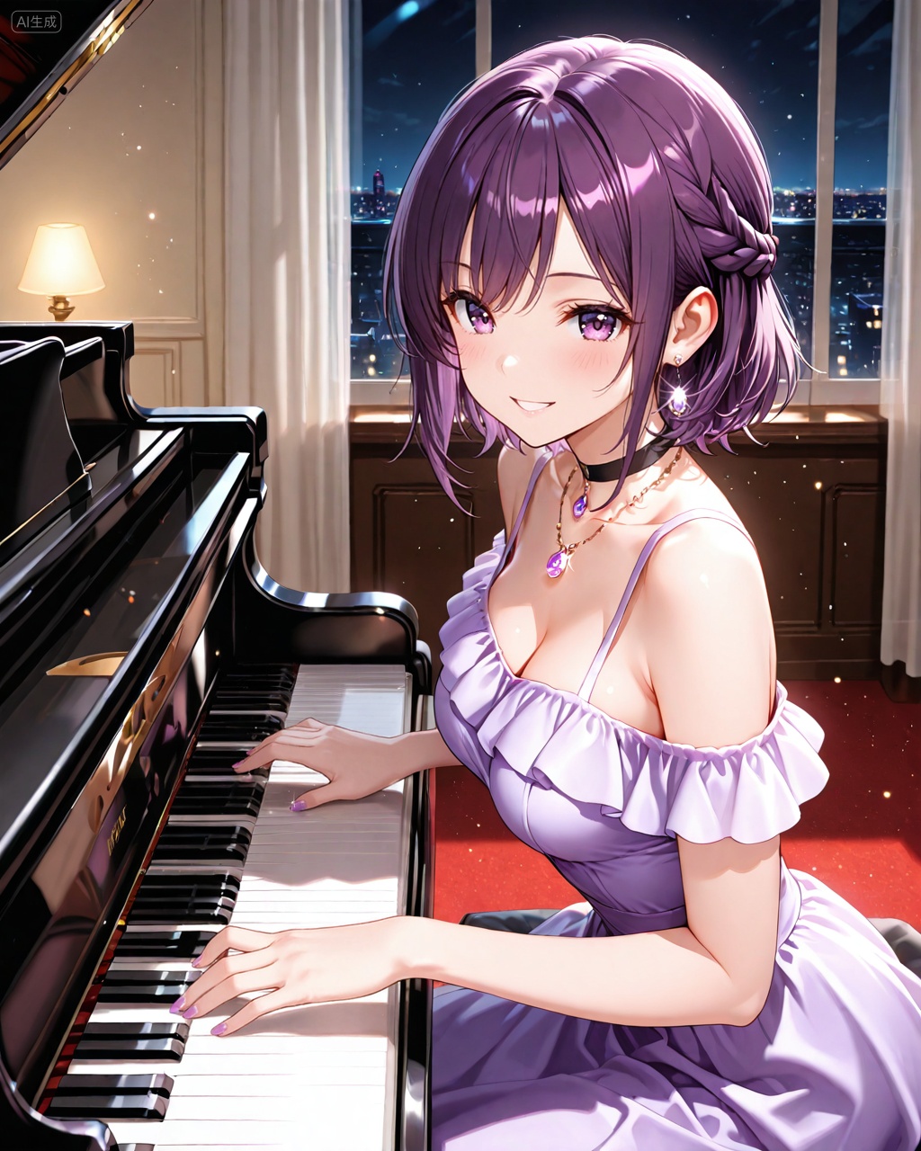 1girl, solo, piano, instrument, breasts, jewelry, dress, purple eyes, purple hair, smile, earrings, looking at viewer, short hair, cleavage, choker, bare shoulders, sitting, braid, indoors, blush, medium breasts, bangs, black choker, necklace, collarbone, off-shoulder dress, window, curtains, off shoulder, parted lips, light particles, playing instrument, grin, white dress, purple dress, glint, grand piano, music, nail polish, frills, sidelocks, pendant, Negative prompt: ((nsfw)),sketches,tattoo,(beard:1.3),(EasyNegative:1.3),badhandv4,(Teeth:1.3),(worst quality:2),(low quality:2),(normal quality:2),lowers,normal quality,facing away,looking away,text,error,extradigit,fewerdigits,cropped,jpegartifacts,signature,watermark,username,blurry,skinspots,acnes,skinblemishes,badanatomy,fat,bad feet,cropped,poorly drawn hands,poorly drawn face,mutation,deformed,tilted head.bad anatomy.bad hands,extra fingers,fewer digits.,extra limbs.extra arms,extra legs,malformed limbs.fused fingers.,too many fingers,long neck,cross-eyed,mutated hands,bad body,bad proportions,gross proportions,text,error,missing fingers,missing arms,missing legs,extra digit,extra arms,extra leg,extra foot,missing fingers,nsfw,,nsfw, Steps: 25, Sampler: DPM++ 2M Karras, CFG scale: 7.0, Image CFG scale: 1.5, Seed: 2717166369, Size: 1024x1280, Model hash: 9fefdb2c24, Model: 我大多数_1.0.safetensors, Denoising strength: 0.4, Clip skip: 2, RNG: CPU, Mask blur: 4, vae_name: automatic