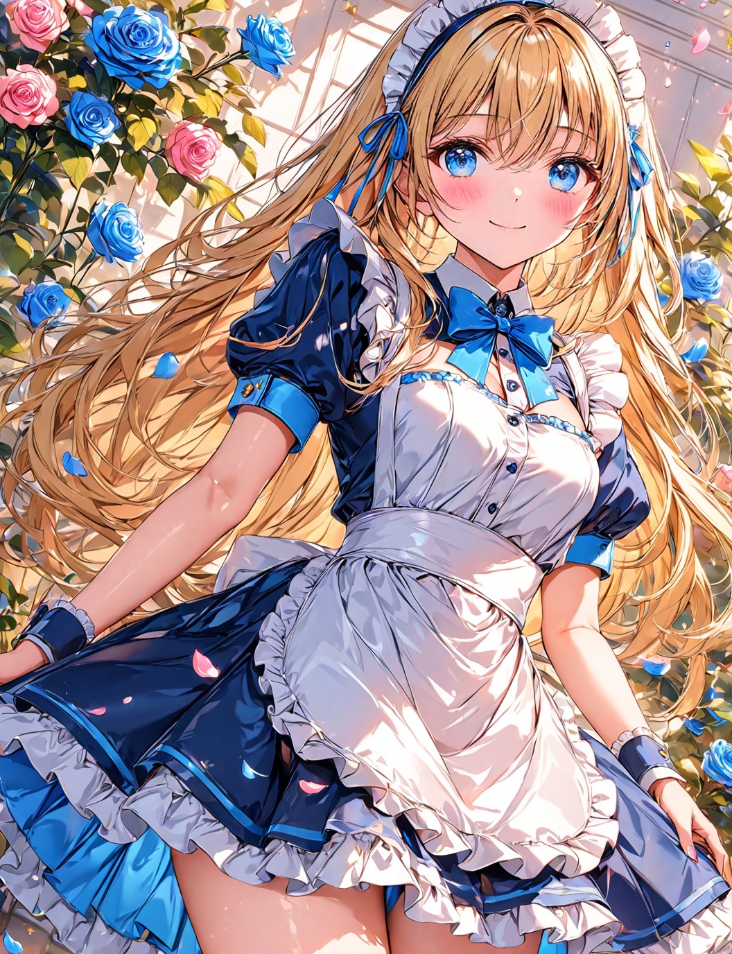 O,Full head,1girl, solo, blonde hair, flower, blue eyes, long hair, rose, apron, looking at viewer, maid headdress, bow, short sleeves, frills, blush, bangs, blue bow, wrist cuffs, puffy sleeves, maid, dress, smile, blue flower, pink flower, breasts, closed mouth, puffy short sleeves, cowboy shot, bowtie, medium breasts, skirt, hair between eyes, pink rose, white apron, blue bowtie, shirt, blue skirt, frilled dress, maid apron, blue dress, blue rose, standing, frilled apron, white shirt, very long hair, yellow bow, petals,(UHD),anatomically correct,accurate,textured skin,super detail,high details,award winning,best quality,high quality,retina,HD,16k,1080P,