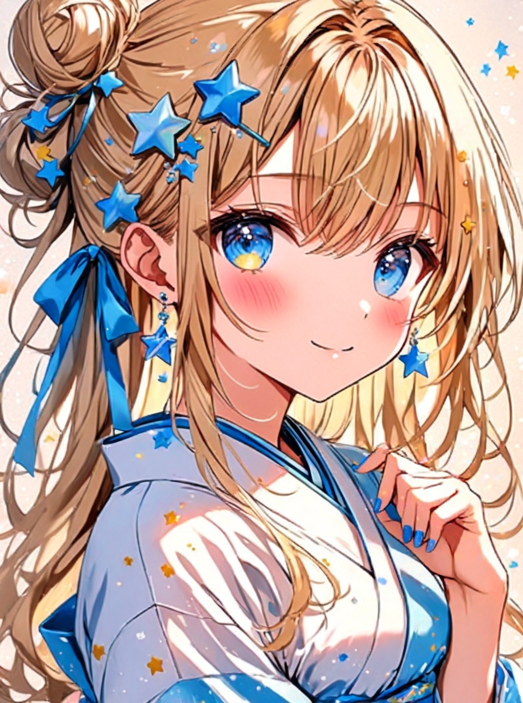 O,1girl, solo, blonde hair, hair ornament, smile, star (symbol), looking at viewer, blue eyes, blush, long hair, earrings, upper body, jewelry, star hair ornament, bangs, virtual youtuber, ribbon, hair bun, from side, closed mouth, hairclip, single hair bun, hair ribbon, breasts, japanese clothes, hair between eyes, nail polish, medium breasts, shirt, looking to the side, white shirt, blue ribbon, sidelocks, hand up, star earrings, star (sky), hand on own chest, blue nails, sparkle, multicolored eyes, kimono, collared shirt