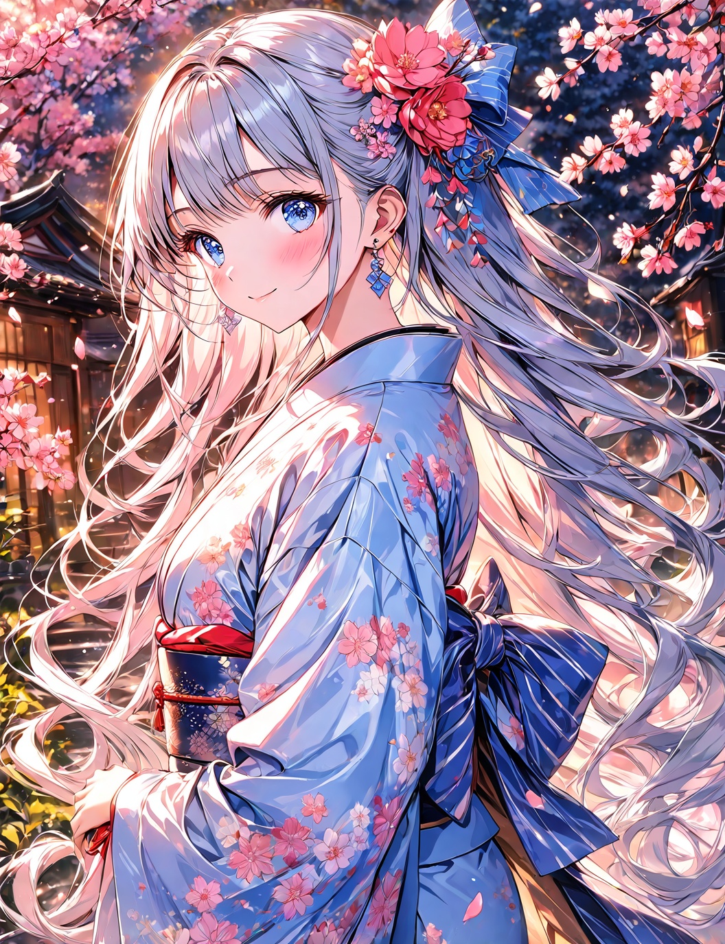 O,Full head,1girl, solo, japanese clothes, long hair, kimono, blue eyes, flower, sash, hair flower, looking at viewer, hair ornament, floral print, blush, obi, bangs, earrings, jewelry, cherry blossoms, closed mouth, long sleeves, pink flower, grey hair, upper body, print kimono, striped, smile, bow, petals, outdoors, striped bow, wide sleeves, white kimono, branch, ribbon, very long hair, hair bow, hair ribbon, tree, standing, from side, looking to the side, blue kimono, blue bow, sidelocks, yukata,(UHD),anatomically correct,accurate,textured skin,super detail,high details,award winning,best quality,high quality,retina,HD,16k,1080P,
