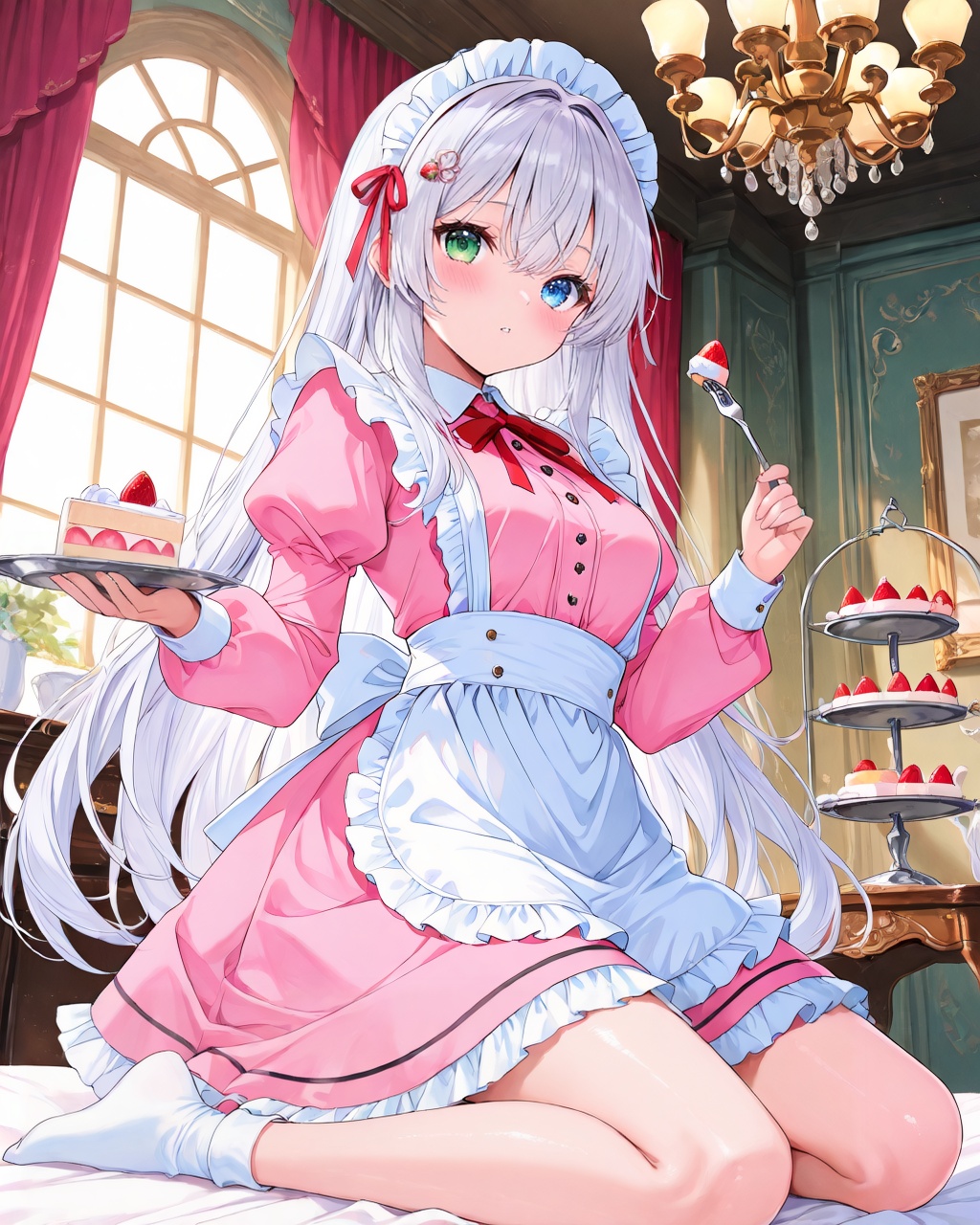 O,1girl, food, heterochromia, solo, green eyes, holding, long hair, very long hair, blue eyes, dress, frills, apron, long sleeves, maid headdress, socks, bangs, indoors, pink dress, white socks, cake, looking at viewer, plate, white apron, frilled apron, puffy sleeves, fruit, frilled dress, fork, strawberry, blush, ribbon, maid, no shoes, window, hair ornament, white hair, kneeling, bow, holding plate, holding fork, parted lips, chandelier, cake slice, sleeves past wrists, breasts, red ribbon, closed mouth, hair between eyes, grey hair, collared dress, maid apron, candle, puffy long sleeves, waist apron, sitting, neck ribbon, juliet sleeves, tiered tray,(UHD),anatomically correct,accurate,textured skin,super detail,high details,award winning,best quality,high quality,retina,HD,16k,1080P,