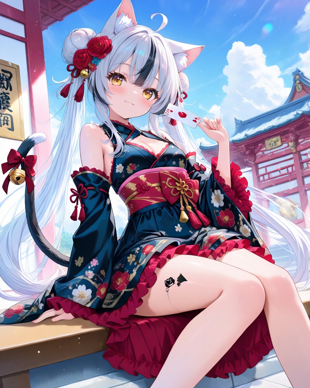 O,1girl,animal ears,solo,tail,red flower,card,cat ears,flower,multicolored hair,black dress,detached sleeves,cat tail,dress,black hair,cat girl,outdoors,frills,long hair,holding,long sleeves,streaked hair,breasts,ahoge,closed mouth,frilled dress,hair flower,wide sleeves,hair bun,looking at viewer,tail ornament,hair ornament,day,bare shoulders,animal ear fluff,black sleeves,frilled sleeves,white hair,sash,sitting,black kimono,red rose,yellow eyes,bangs,feet out of frame,twintails,playing card,holding card,double bun,very long hair,obi,medium breasts,rose,hand up,blush,tail ribbon,ribbon,sky,kimono,knees together feet apart,smile,floral print,bell,cleavage,building,hair between eyes,two-tone hair,japanese clothes,brown eyes,sleeveless dress,tail bow,blue sky,grey hair,cloud,jingle bell,red ribbon,hair ribbon,sleeveless,small breasts,print kimono,(UHD),anatomically correct,accurate,textured skin,super detail,high details,award winning,best quality,high quality,retina,HD,16k,1080P,