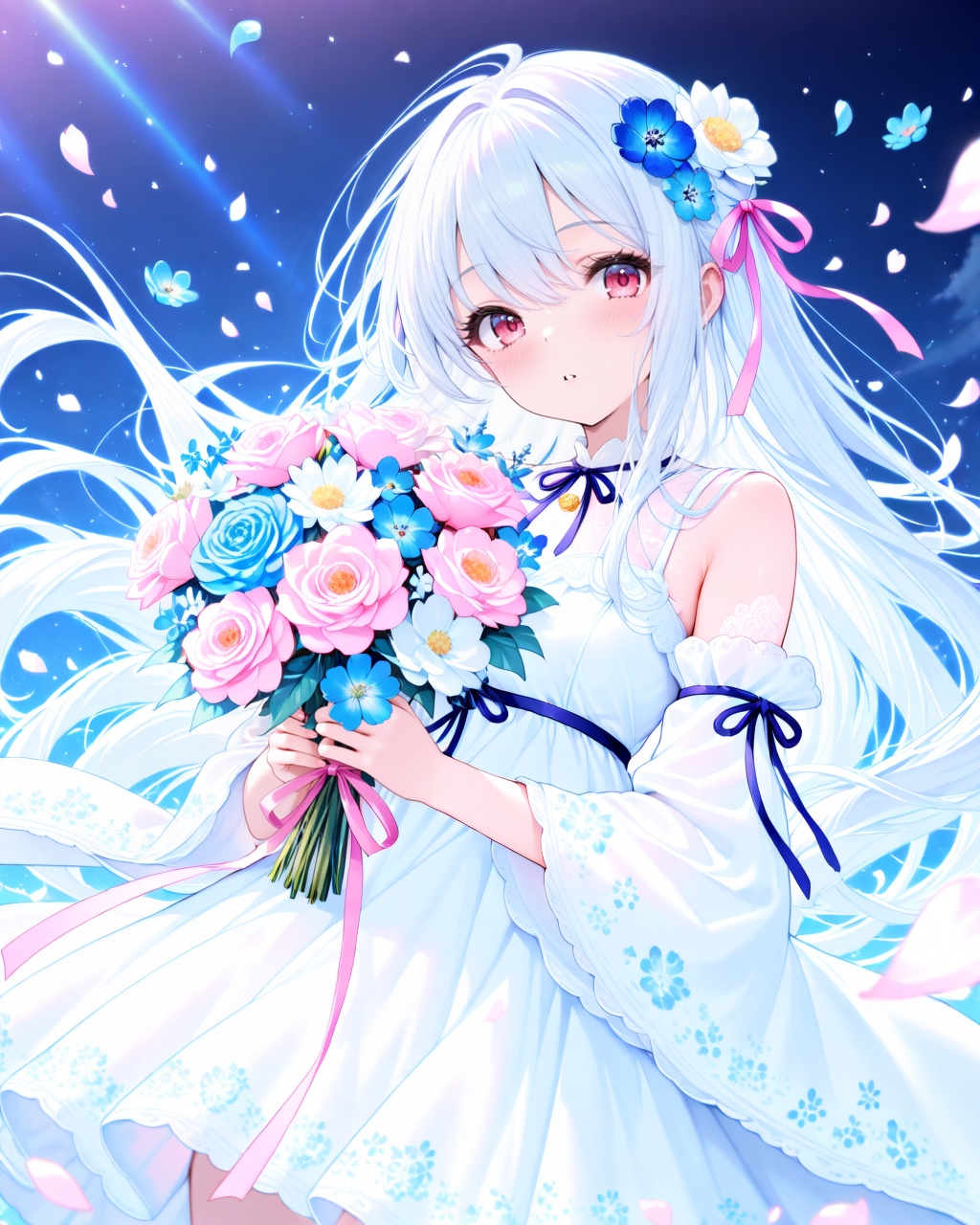 O,1girl, solo, long hair, flower, hair ornament, holding, hair flower, petals, ribbon, wide sleeves, looking at viewer, white flower, very long hair, hair ribbon, bare shoulders, bangs, dress, floating hair, long sleeves, blush, holding flower, detached sleeves, white hair, white dress, red eyes, pink ribbon, bouquet, holding bouquet, floral print, parted lips, pink flower, sleeveless, breasts, pink eyes, cowboy shot, standing, hair between eyes, sleeveless dress, blue ribbon, purple ribbon, blue flower,(UHD),anatomically correct,accurate,textured skin,super detail,high details,award winning,best quality,high quality,retina,HD,16k,1080P,