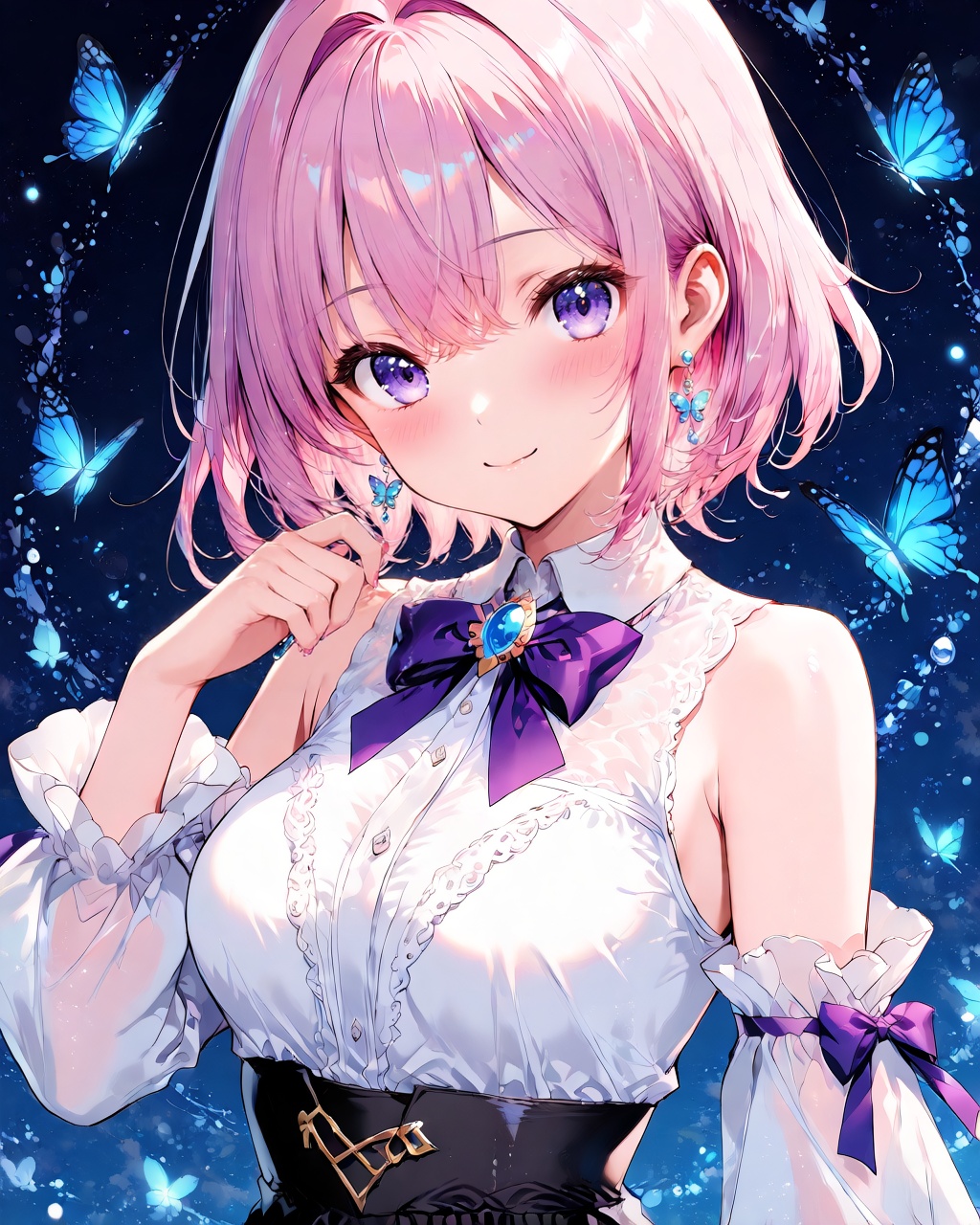 O,1girl, jewelry, earrings, solo, bug, looking at viewer, bow, butterfly, smile, purple eyes, pink hair, purple bow, bowtie, bare shoulders, bangs, upper body, shirt, purple bowtie, short hair, closed mouth, white shirt, breasts, hair between eyes, detached sleeves, long sleeves, medium breasts, hand up, collared shirt, blue butterfly, multicolored hair, sleeveless, blush, gem, brooch, shiny, purple hair