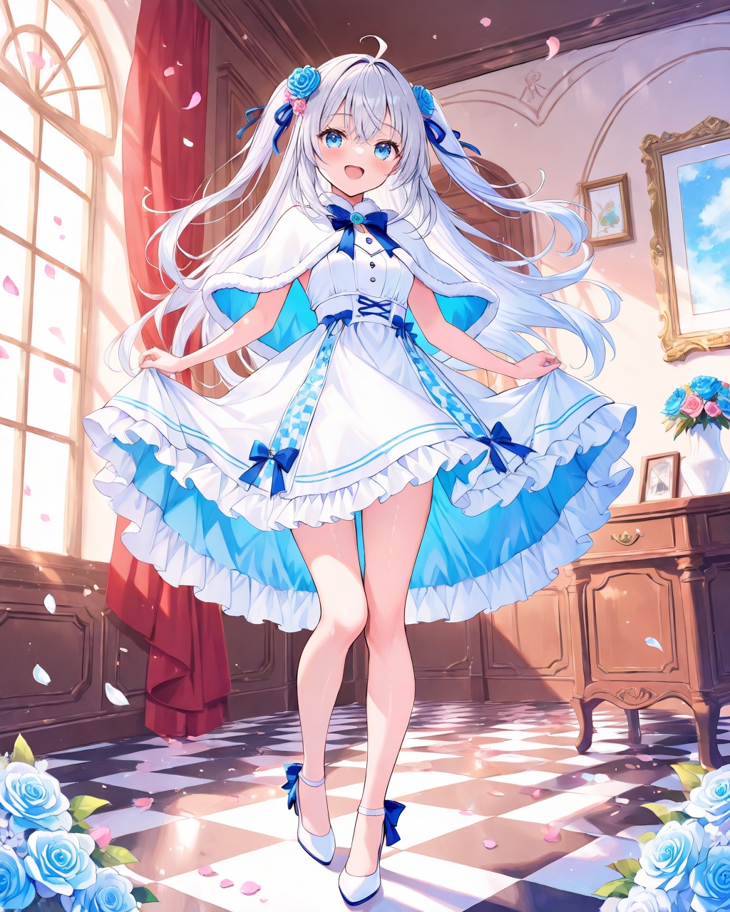 O,1girl,solo,flower,blue eyes,long hair,dress,smile,white dress,bangs,very long hair,looking at viewer,hair ornament,:d,capelet,indoors,full body,hair flower,shoes,skirt hold,blush,open mouth,ahoge,blue flower,standing,white hair,pink flower,white flower,fur-trimmed capelet,white footwear,frills,petals,white capelet,fur trim,bow,high heels,hair between eyes,frilled dress,blue bow,rose,window,ribbon,breasts,grey hair,bare legs,standing on one leg,small breasts,two side up,blue ribbon,checkered floor,(UHD),anatomically correct,accurate,textured skin,super detail,high details,award winning,best quality,high quality,retina,HD,16k,1080P,