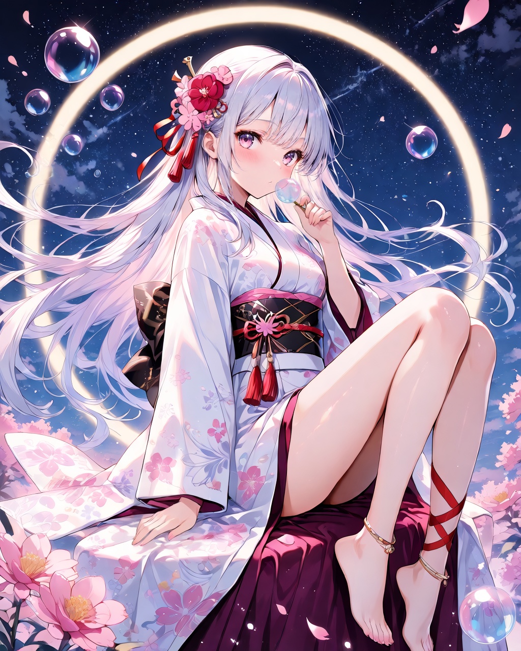 O,1girl, solo, long hair, flower, barefoot, hair ornament, bubble, japanese clothes, kimono, looking at viewer, hair flower, pink flower, holding, very long hair, long sleeves, tassel, wide sleeves, bangs, star (sky), white kimono, purple eyes, sash, anklet, ribbon, starry sky, full body, floral print, sky, obi, floating hair, white hair, hand on own knee, night, blush, night sky, kanzashi, sitting, red ribbon, petals, from side, looking to the side, closed mouth, bubble blowing, hand up, bare legs, feet, jewelry, leg ribbon, print kimono, purple hair, pink eyes,(UHD),anatomically correct,accurate,textured skin,super detail,high details,award winning,best quality,high quality,retina,HD,16k,1080P,