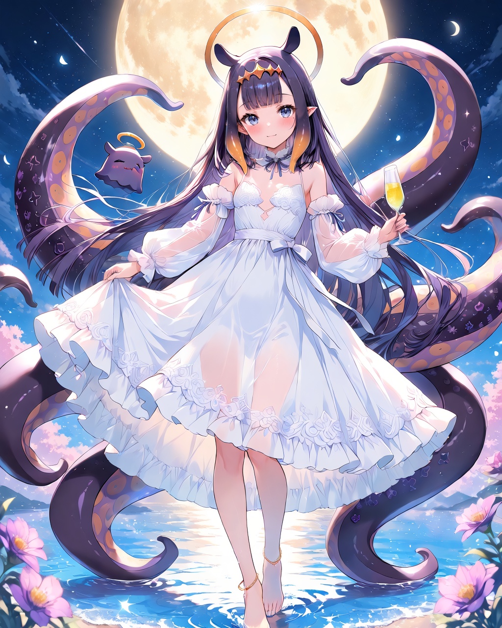 O,1girl, virtual youtuber, ninomae ina'nis, long hair, dress, flower, purple hair, tentacle hair, bangs, multicolored hair, gradient hair, very long hair, takodachi (ninomae ina'nis), barefoot, halo, food, blunt bangs, purple eyes, purple flower, white dress, pointy ears, cup, holding, solo, looking at viewer, mole under eye, orange hair, sidelocks, fruit, mole, anklet, skirt hold, full body, drinking glass, black hair, moon, water, tentacles, closed mouth, cake, night, blush, holding cup, long sleeves, smile, see-through, rose, alternate costume, jewelry, hair ornament, detached sleeves, night sky, tiara, headpiece, small breasts