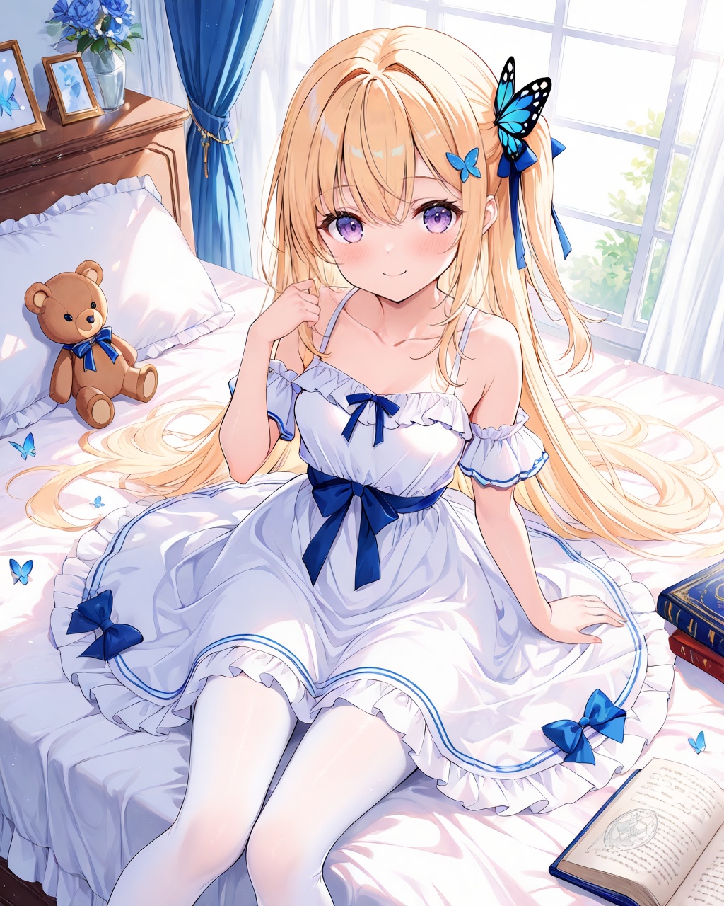 O,1girl, solo, blonde hair, pantyhose, stuffed animal, long hair, stuffed toy, white pantyhose, dress, hair ornament, butterfly hair ornament, purple eyes, butterfly, bangs, white dress, book, bug, smile, closed mouth, bare shoulders, window, very long hair, pillow, looking at viewer, hand up, breasts, frilled dress, collarbone, teddy bear, day, bow, bed sheet, bed, frills, feet out of frame, on bed, open book, one side up, lying, indoors, short sleeves, blush, detached sleeves, animal, flower, hair between eyes, sleeveless dress, medium breasts, stuffed bunny, blue bow, sitting, curtains, hair bow, small breasts,(UHD),anatomically correct,accurate,textured skin,super detail,high details,award winning,best quality,high quality,retina,HD,16k,1080P,