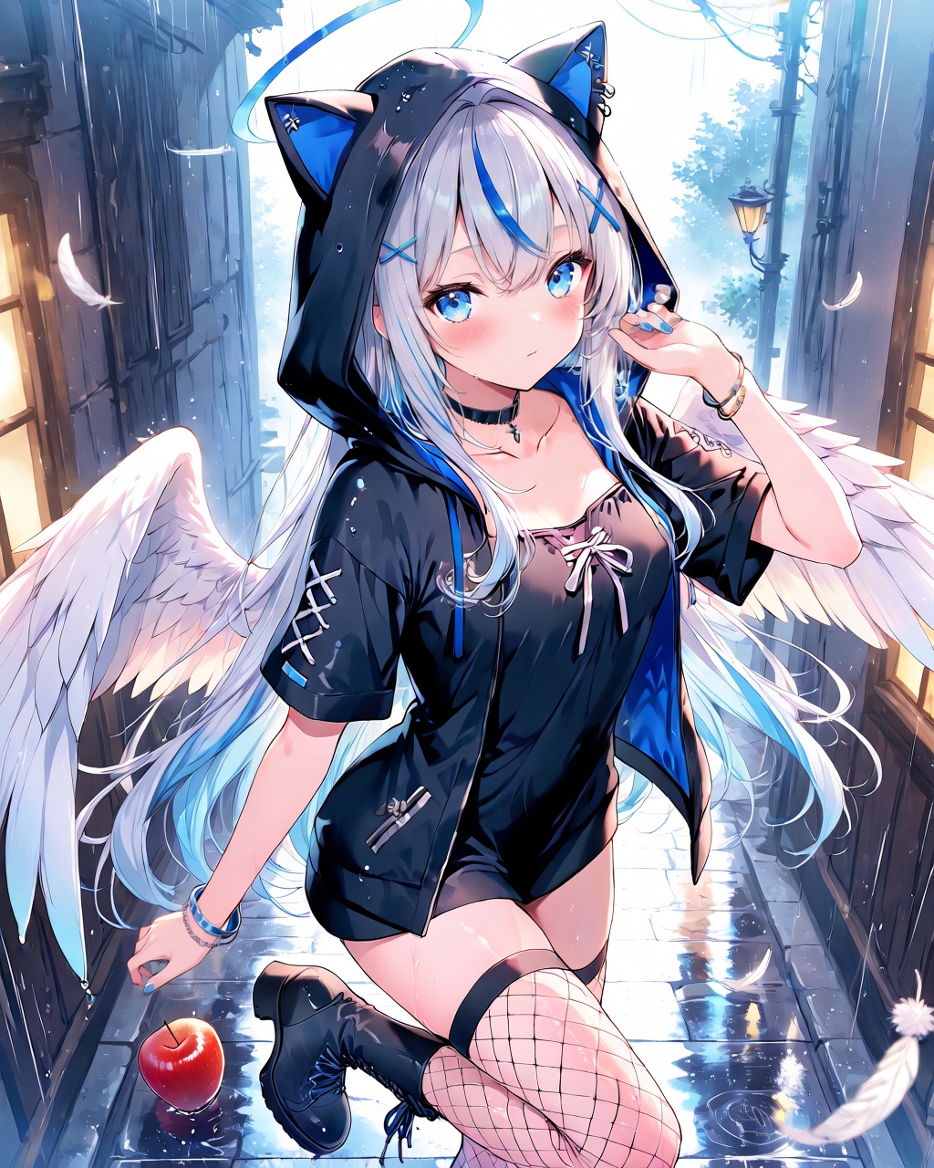 O,1girl, solo, black footwear, hood, blue eyes, fishnets, jacket, multicolored hair, blue hair, black jacket, boots, streaked hair, hooded jacket, animal hood, long hair, food, apple, short sleeves, wings, fruit, looking at viewer, feathers, feathered wings, hair ornament, animal ears, fake animal ears, rain, very long hair, halo, grey hair, choker, open jacket, bangs, standing, thighhighs, hood up, shirt, hand up, open clothes, black shirt, fishnet thighhighs, black choker, breasts, standing on one leg, hairclip, closed mouth, outdoors, x hair ornament, white wings, jewelry, two-tone hair, bracelet, hair between eyes, small breasts, nail polish, white hair, lace-up boots, medium breasts, blue nails, collarbone, black hoodie, high heel boots, blush, white feathers, virtual youtuber