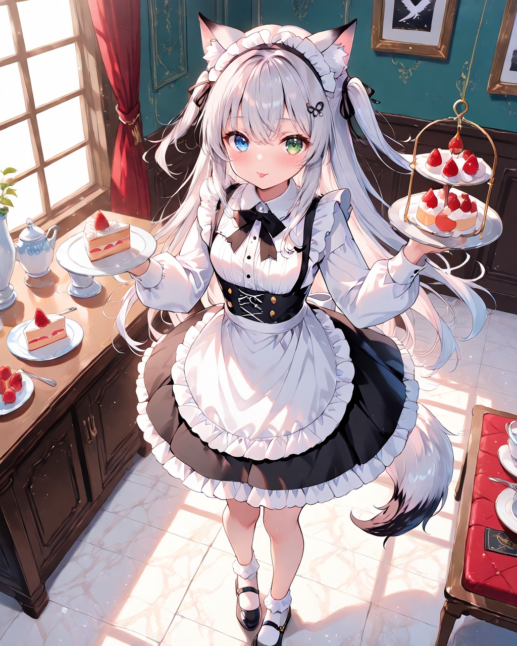 O,1girl, food, shoes, green eyes, heterochromia, black footwear, cake, shirt, solo, blue eyes, long hair, sleeves past wrists, long sleeves, white socks, socks, very long hair, white shirt, apron, bangs, fruit, frills, indoors, animal ears, cake slice, strawberry, puffy sleeves, maid headdress, frilled apron, two side up, blush, tail, looking at viewer, maid, white hair, white apron, puffy long sleeves, dress, collared shirt, skirt, holding, waist apron, hair ornament, hair between eyes, standing on one leg, standing, tongue out, hand up, plate, tongue, ribbon, black skirt, bow, table, window, black ribbon, sleeves past fingers, tiered tray, breasts, bobby socks, animal ear fluff, black bow, hair ribbon, animal, frilled dress, closed mouth, black dress, bird, mary janes, full body, dress shirt, small breasts, grey hair,(UHD),anatomically correct,accurate,textured skin,super detail,high details,award winning,best quality,high quality,retina,HD,16k,1080P,