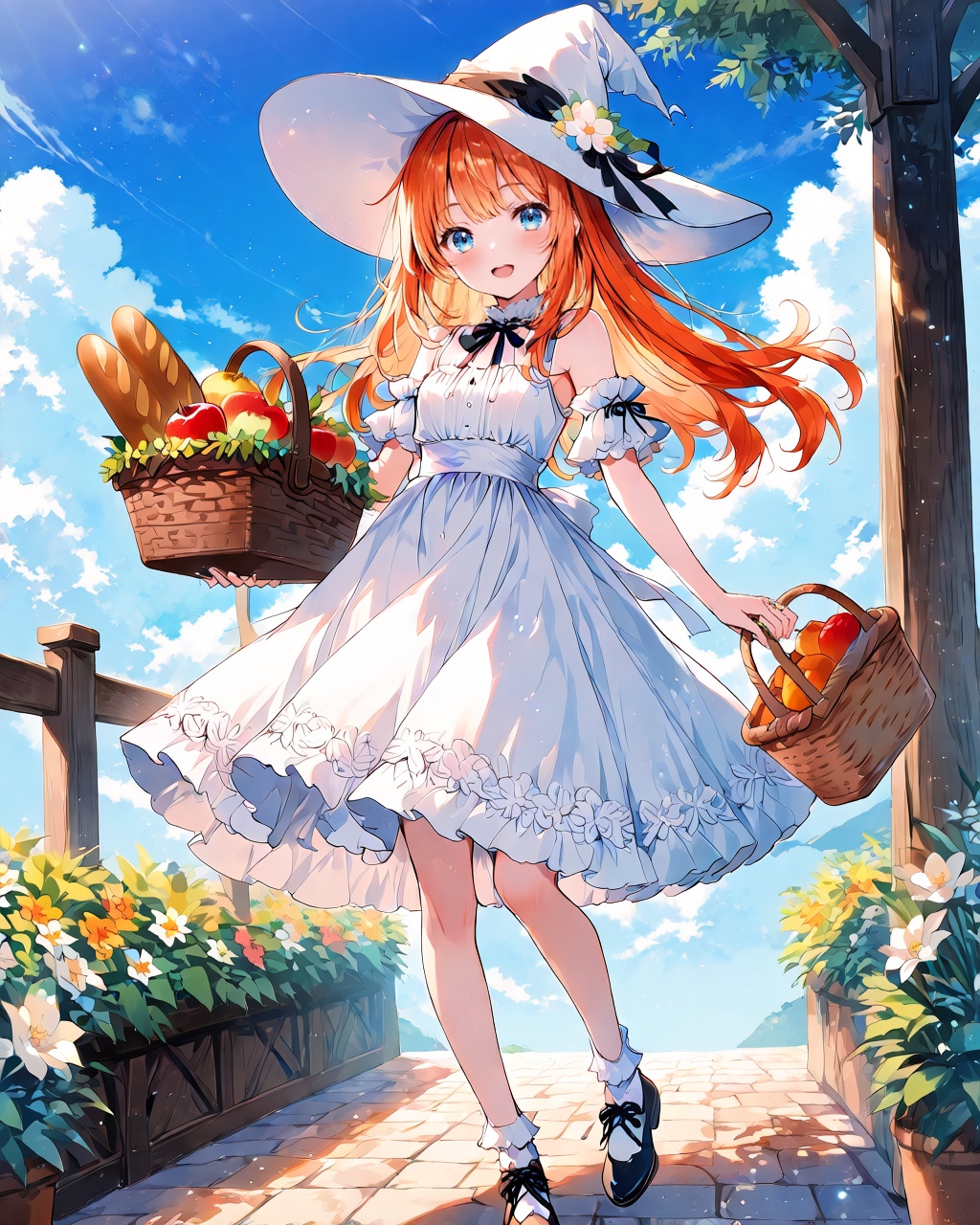 O,1girl, apple, dress, food, white dress, hat, basket, flower, witch hat, solo, long hair, fruit, blue eyes, hair ornament, black footwear, hair flower, sky, outdoors, white headwear, orange hair, open mouth, cloud, white flower, looking at viewer, detached sleeves, full body, bangs, day, blue sky, bread, socks, ribbon, bare shoulders, baguette, lace trim, smile, black ribbon, sleeveless dress, witch, neck ribbon, holding basket