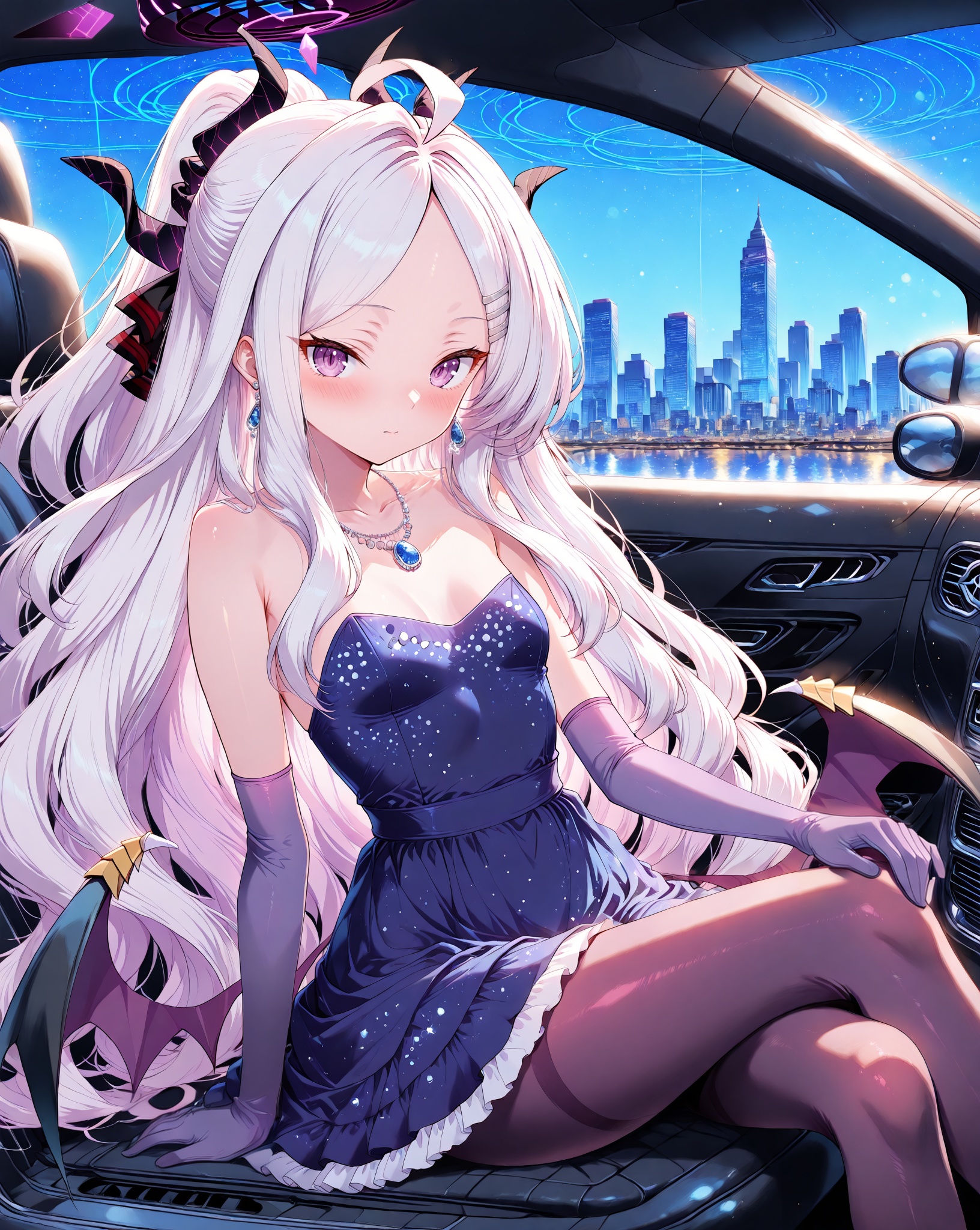 Hina (Blue Archive),O,Hina \(Blue Archive\),1girl,hina,(blue archive),solo,long hair,dress,pantyhose,gloves,breasts,white hair,looking at viewer,elbow gloves,hair ornament,purple eyes,jewelry,sitting,horns,bare shoulders,small breasts,crossed legs,hairclip,halo,car interior,bangs,parted bangs,ground vehicle,very long hair,blue dress,blush,necklace,purple gloves,ahoge,motor vehicle,car,strapless,earrings,brown pantyhose,closed mouth,purple dress,strapless dress,black pantyhose,sidelocks,frills,frilled dress,skyscraper,cityscape,multiple horns,demon horns,wings,collarbone,feet out of frame,ponytail,short dress,(UHD),anatomically correct,accurate,textured skin,super detail,high details,award winning,best quality,high quality,retina,HD,16k,1080P,