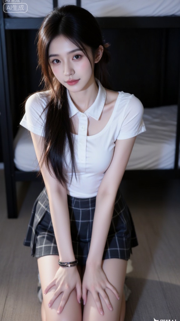 1 girl, solo, long hair, skirt, brown hair, shirt, high heels, jewelry, kneeling posture, legs apart, sitting on the ground, school uniform, white shirt, ponytail, short sleeves, pleated skirt, tie, bracelet, white high heels, zettai ryouiki, Grid, kneeling, grid skirt, ultra short skirt, supporting the ground with both hands, leaning forward,  kneeling in front of the camera, looking up at the camera, the camera is directly above her head, high angle shooting, background: female college student dormitory, bunk bed, white sheets,girlCC