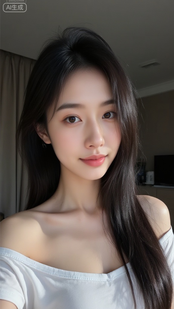 A dim and ordinary room with solid color curtains in the background, the selfie composition is messy, and selfies are taken with the front camera. The figure is extremely proud and concave. Macro face close-up, slight elevation angle, slightly skewed lens, daily snapshot style, natural soft light, gentle corners of the mouth, gentle eyes, messy and natural drooping hair, hair shining, shimmer reflection, black soft long hair, white loose short sleeves, off-shoulder, E cup, beautiful collarbone, real and calm emotional atmosphere, the photos have no sense of modification, with a sense of real life