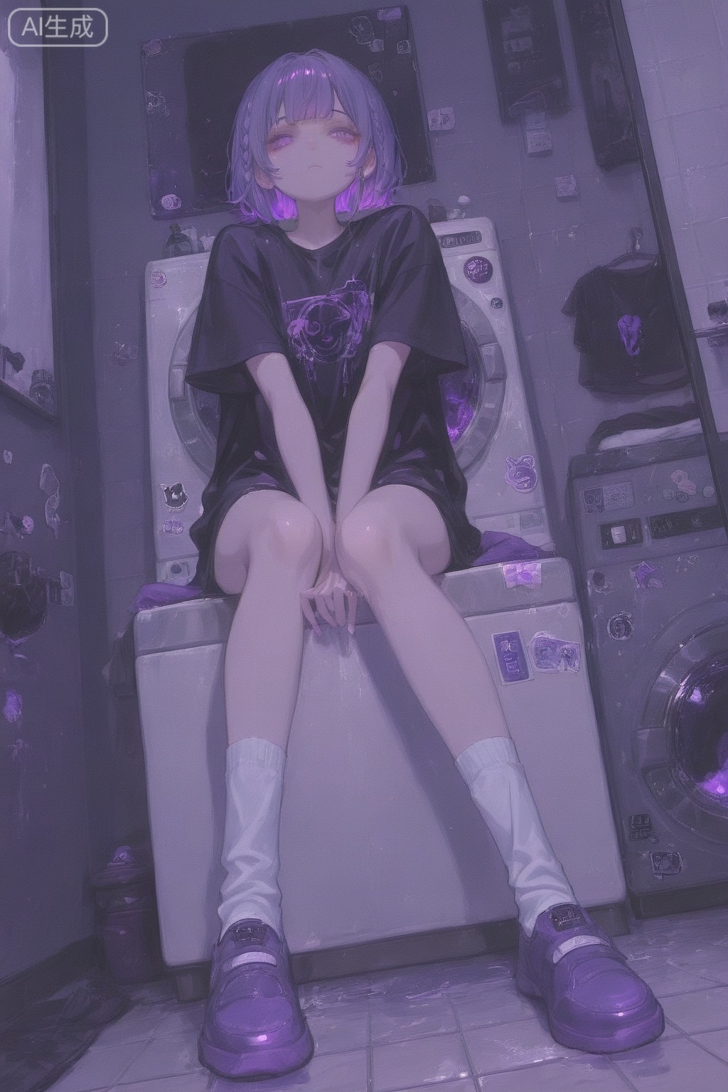1girl, solo, looking at viewer, short hair, bangs, shirt, sitting, closed mouth, full body, purple hair, braid, short sleeves, multicolored hair, shoes, socks, indoors, black shirt, white socks, ..., spoken ellipsis, mirror, tiles, purple footwear, sticker, washing machine