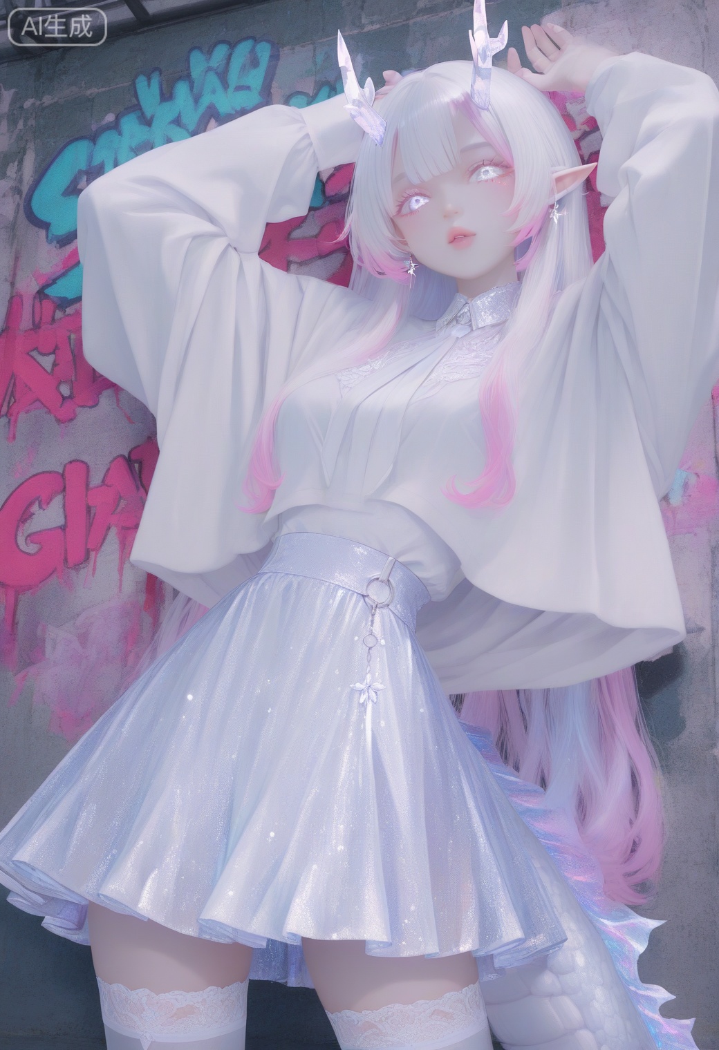 A full-frontal view of a pastel-colored dragon girl standing in a simple "T-pose" (arms extended straight out to sides at shoulder height, legs slightly apart). She stands completely still in this neutral pose, facing directly toward the viewer. Her short lilac and pink hair features long front strands braided, with a fluffy texture. Her pinkish skin complements her round, cute lilac and white eyes and soft lips. She maintains a calm, neutral expression with sparkling eyes. Smooth crystal horns adorn her head, while she wears an indigo skirt with a white blouse and flowing silk dress. Lace thigh-high socks and hooves are clearly visible. Delicate scales decorate her hands and cheeks. The colorful background contains raindrops and sparkles with graffiti elements, framed by a clean white outline. The composition emphasizes her symmetrical, relaxed standing posture with no additional movement or action.