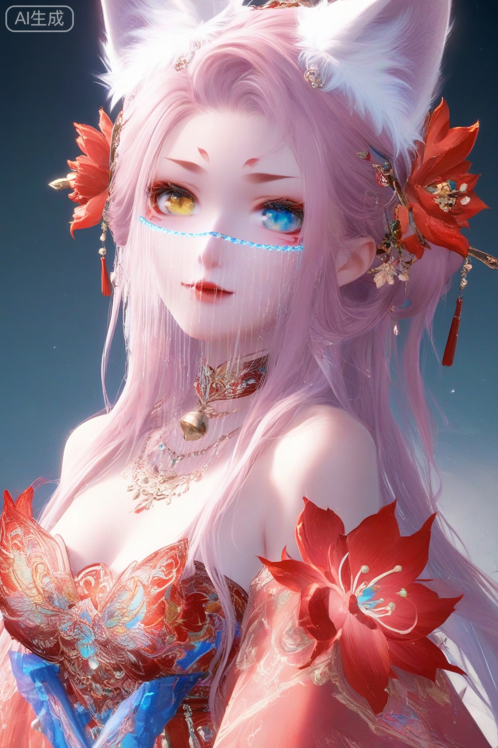 score_9,score_8_up,score_7_up,1girl,solo,looking at viewer,long hair,blue eyes,hair ornament,bare shoulders,red dress,jewelry,yellow eyes,pink hair,hair flower,animal ear fluff,fox ears,heterochromia,facial mark,veil,facing viewer,faceoff,hand,breasts, wrist