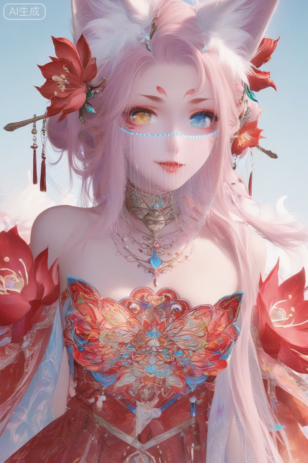 score_9,score_8_up,score_7_up,1girl,solo,looking at viewer,long hair,blue eyes,hair ornament,bare shoulders,red dress,jewelry,yellow eyes,pink hair,hair flower,animal ear fluff,fox ears,heterochromia,facial mark,veil,facing viewer,faceoff,hand,breasts, wrist,upper body