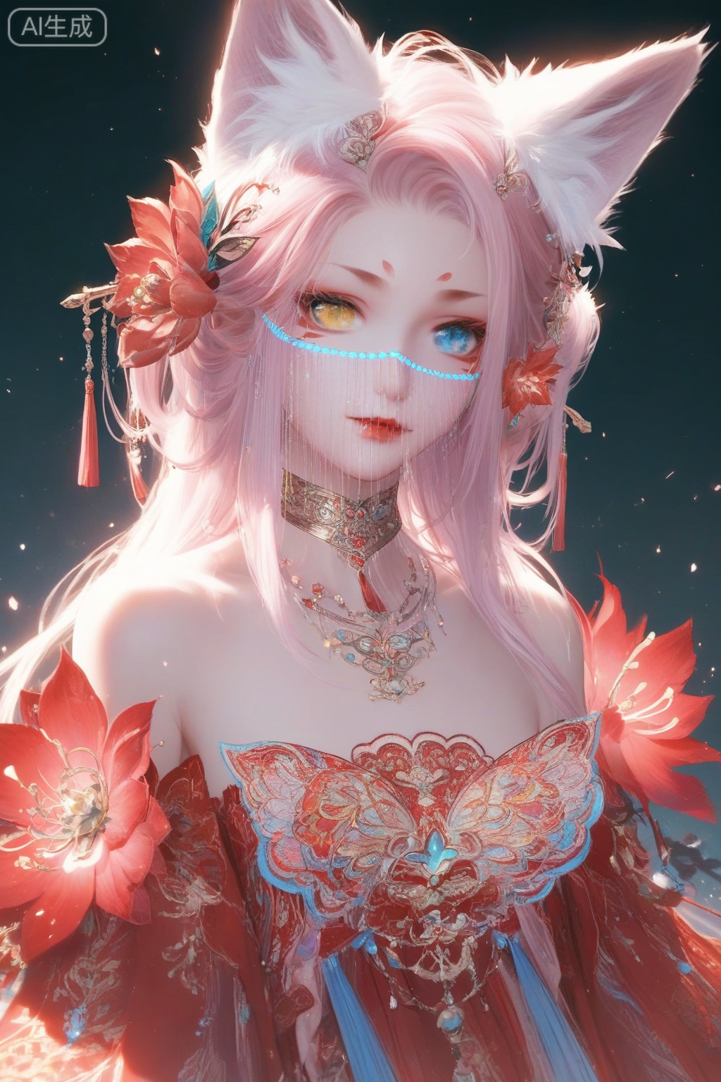score_9,score_8_up,score_7_up,1girl,solo,looking at viewer,long hair,blue eyes,hair ornament,bare shoulders,red dress,jewelry,yellow eyes,pink hair,hair flower,animal ear fluff,fox ears,heterochromia,facial mark,veil,facing viewer,faceoff,hand
