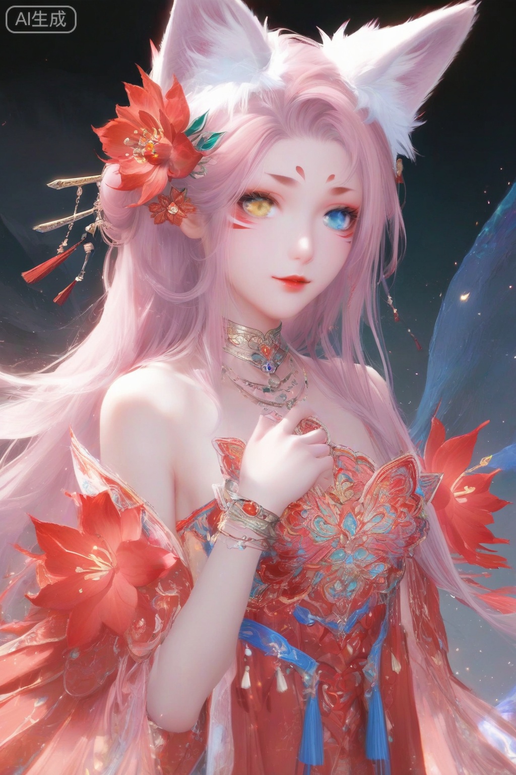 score_9,score_8_up,score_7_up,1girl,solo,looking at viewer,long hair,blue eyes,hair ornament,bare shoulders,red dress,jewelry,yellow eyes,pink hair,hair flower,animal ear fluff,fox ears,heterochromia,facial mark,veil,facing viewer,faceoff,hand,breasts, (wrist:1.3),upper body,legs,hand up