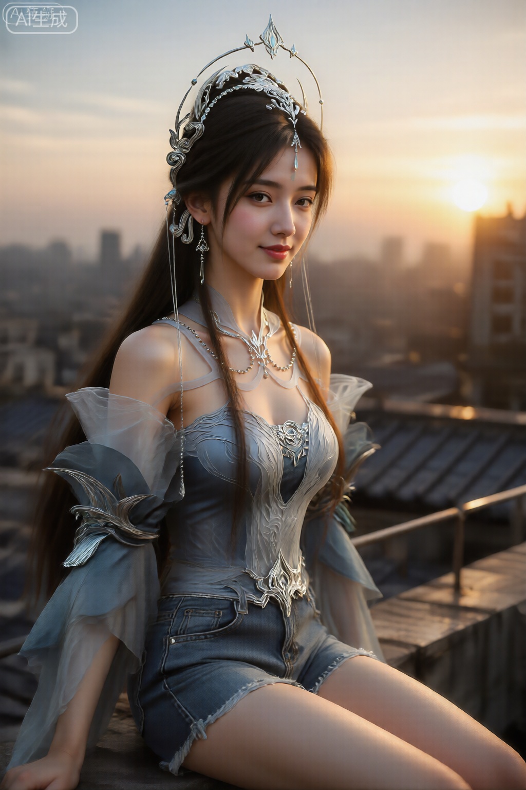  她的长长的黑发落在肩膀上,她戴着一个华丽的头饰,其中包括银色的头饰和悬挂的耳环。,清漪,
 一位女神范女友,坐在天台边缘（安全平台）,牛仔式上半身构图。她身穿丝质吊带和牛仔短裤,外搭宽松衬衫。金色的夕阳逆光强烈地勾勒出她的身体轮廓和发丝光。她微微侧头望向镜头,眼神温柔中带着一丝深邃,嘴角含着幸福的笑意。

**镜头参数：** 85mm, f/2.2, ISO 200, 1/500s（使用反光板补光）
**核心关键词：** `夕阳逆光`, `发丝光`, `侧颜回眸`, `温柔深邃`, `电影质感`, `氛围感女神`, `高级浪漫`
