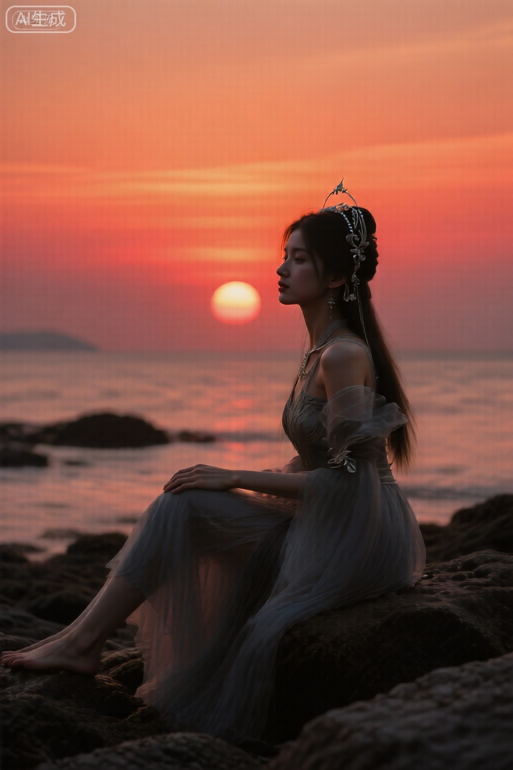 一位女性,真人摄影,坐在海边的礁石上。日落时分,天空呈现橙红色渐变,太阳的余晖勾勒出她的轮廓。画面充满故事感和浪漫气息。艺术摄影,精致的壁纸风。镜头参数： 24-70mm变焦镜头, f/11小光圈, 拍摄清晰的日落和人物剪影, 低感光度ISO 100。。。。。。,清漪,头饰