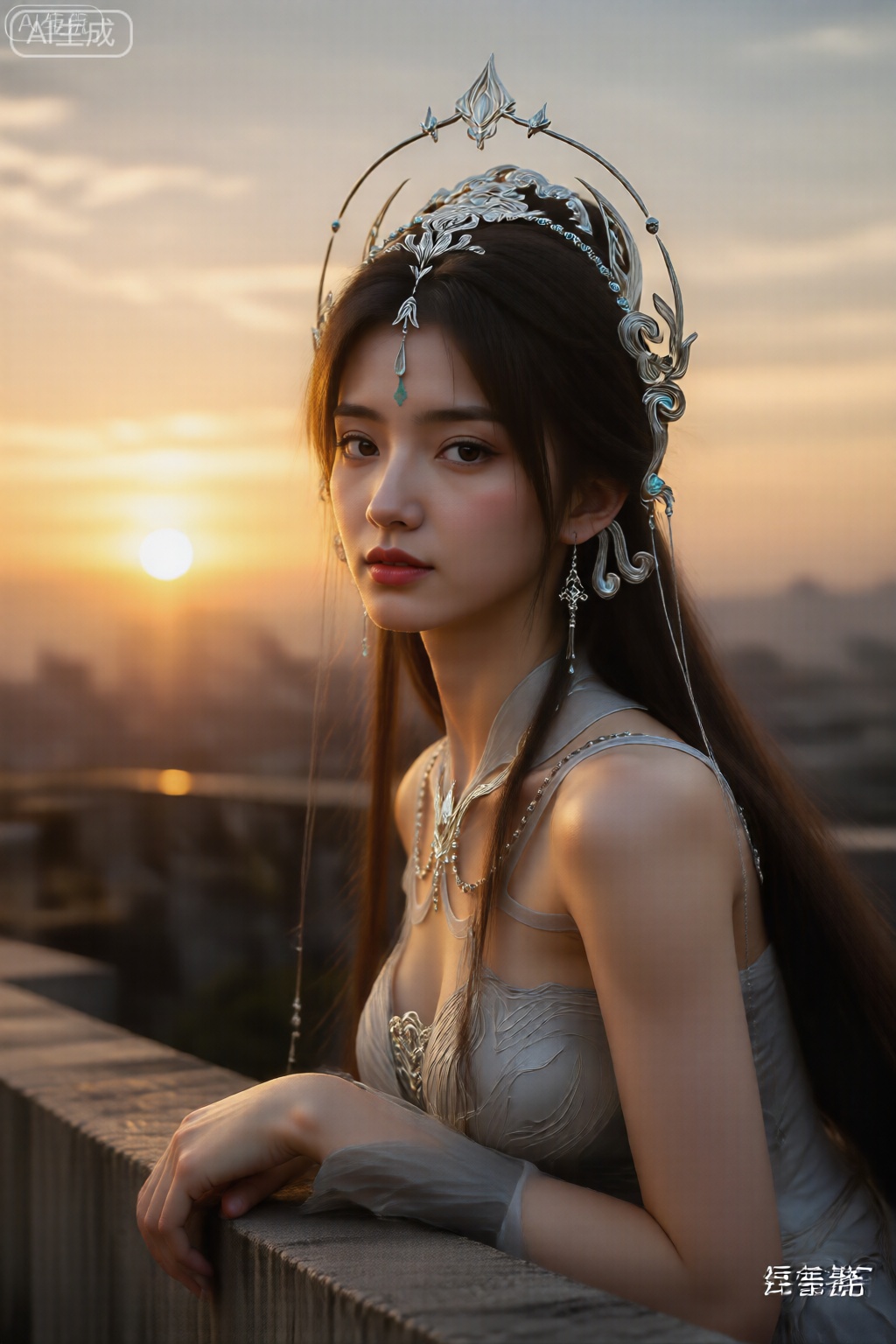  她的长长的黑发落在肩膀上,她戴着一个华丽的头饰,其中包括银色的头饰和悬挂的耳环。,清漪,
千问佳人,真人美女摄影,天台夕阳下,一位身材火辣的女孩坐在水泥护栏上,穿着吊带裙,逆光勾勒出迷人的身体曲线和发丝光,背景是金色晚霞。镜头参数：尼康58mm f/1.4G, f/2.0, 1/500s, ISO 200。小红书情绪大片风,电影感,黄金时刻。