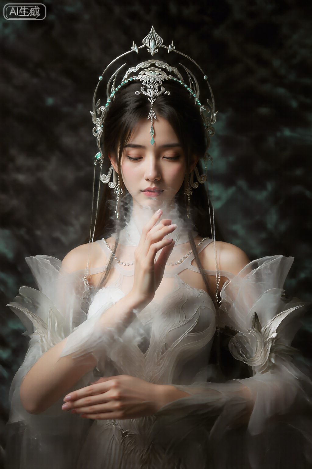 该图像的特色是一个穿着精致的空灵服装的人,并带有复杂的细节。该人有长长的黑发,并装饰有精致的华丽头饰,其中包括中央吊坠和悬挂元素。头饰是颜色的银色,具有旋转的花丝图案。 该人的着装是一件飘逸的脱肩连衣裙,由透明的白色面料制成,肩膀上有大型的花瓣状延伸,使其看起来像花一样。这件连衣裙具有柔软,通风的质量,并带有一层织物产生一种运动感。 该人的手放在他们的面前,一只手轻轻地割另一只手。手周围有一个薄雾,云状的效果,增加了图像的神秘和空灵的气氛。 背景是黑暗而烟熏的,带有绿色蓝光的迹象,增强了场景的超凡脱俗和神奇的感觉。总体构图是优雅而宁静的,非常强调幻想和神秘主义。