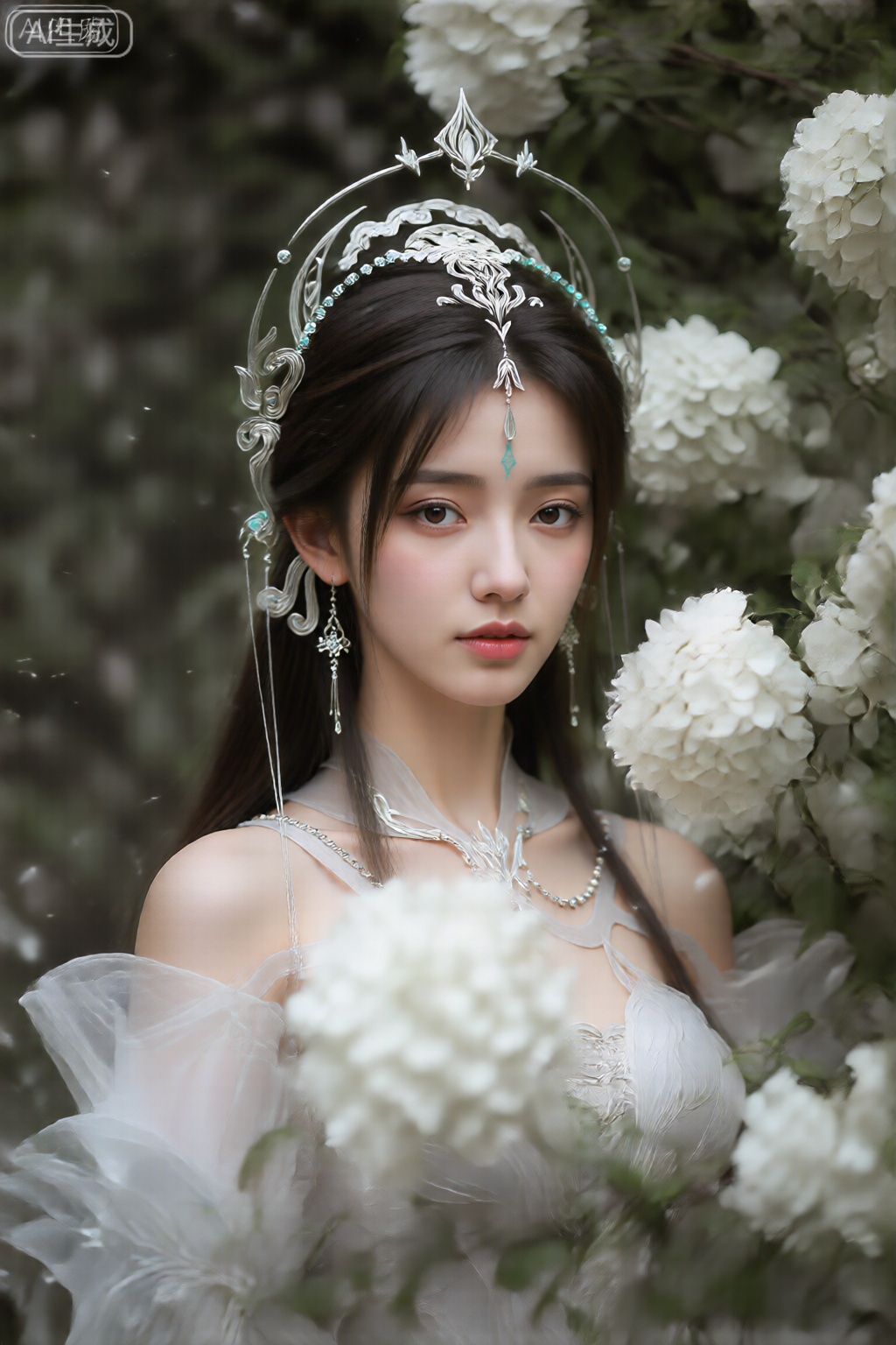  她的长长的黑发落在肩膀上,她戴着一个华丽的头饰,其中包括银色的头饰和悬挂的耳环。,清漪,
 一位宛如精灵的少女隐没在一片盛放的白色绣球花丛中。她戴着野花编织的花环,穿着飘逸的白色蕾丝长裙,眼神纯真带着一丝神秘。画面柔美,色调清新,前景有虚化的花瓣,空中有细微的尘埃在光线中飞舞。（镜头参数：适马Art 105mm f/1.4, f/2, 1/320s, ISO 100）