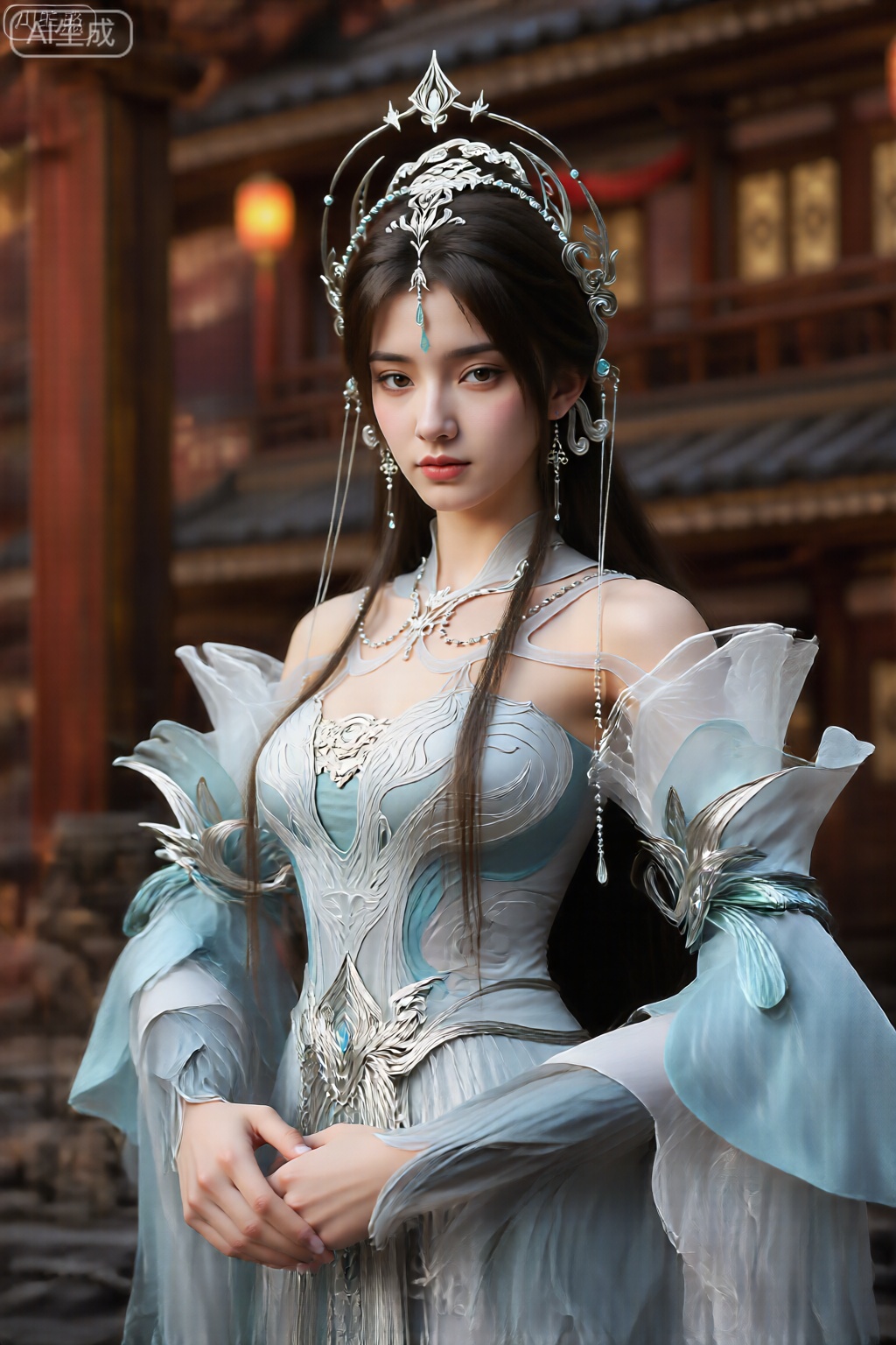 该图显示了一个穿着精心设计的幻想服装的女人。她的着装主要是浅蓝色和银色,具有复杂的设计和图案。这件连衣裙的紧身胸衣配有甜心领口和一个高领的领口,上面装饰有银色点缀和精致的翼状伸展,从肩膀层叠。袖子长而流动,具有多层透明的织物,产生了戏剧性的空灵效果。 她的长长的黑发落在肩膀上,她戴着一个华丽的头饰,其中包括银色的头饰和悬挂的耳环。背景似乎是带有传统建筑的室外环境,包括木结构和红色灯笼,它们略微模糊,暗示照片中的田间效应深度。整个场景都有幻想或角色扮演美学,在服装和环境中都关注细节。