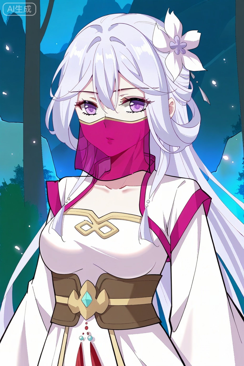 楚倾城,1girl,solo,hair between eyes, silver hair, light lilac hair, white hair flower, hair ornament, purple eyes, medium breasts, bangs backwards,  chinese clothes, white dress, collarbone, mouth veil, collored veil, pink veil,