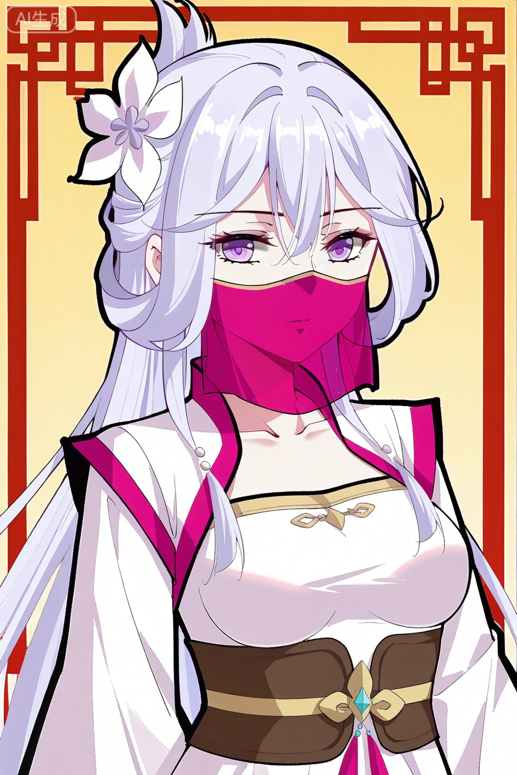 楚倾城,1girl,solo,hair between eyes, silver hair, light lilac hair, white hair flower, hair ornament, purple eyes, medium breasts, bangs backwards,  chinese clothes, white dress, collarbone, mouth veil, collored veil, pink veil,