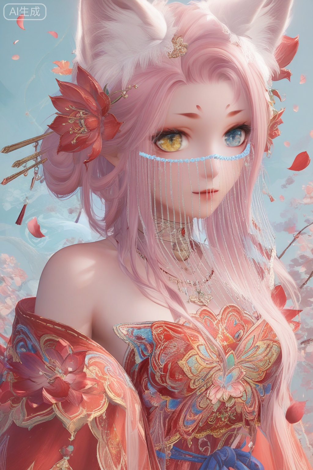 score_9,score_8_up,score_7_up,1girl,solo,looking at viewer,long hair,blue eyes,hair ornament,bare shoulders,red dress,jewelry,yellow eyes,pink hair,hair flower,animal ear fluff,fox ears,heterochromia,facial mark,veil,breasts, petals,focused,portrait