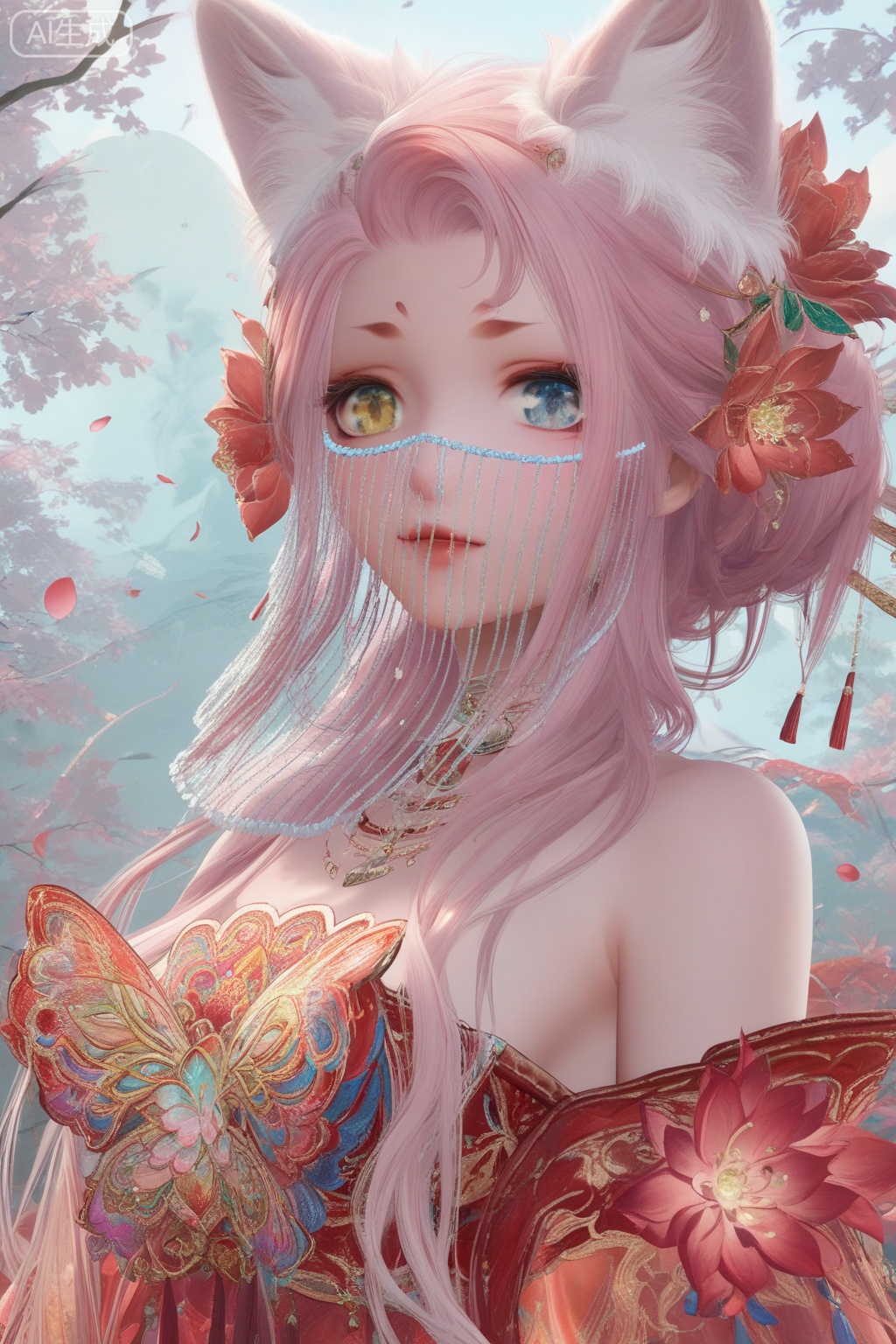 score_9,score_8_up,score_7_up,1girl,solo,looking at viewer,long hair,blue eyes,hair ornament,bare shoulders,red dress,jewelry,yellow eyes,pink hair,hair flower,animal ear fluff,fox ears,heterochromia,facial mark,veil,breasts, petals,focused,portrait