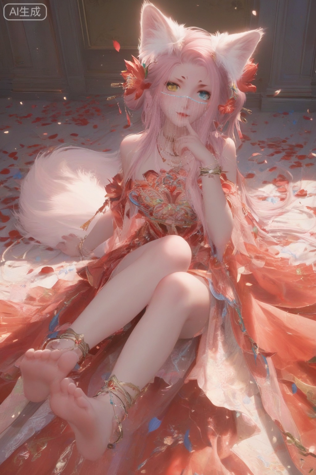 score_9,score_8_up,score_7_up,1girl,solo,looking at viewer,long hair,blue eyes,hair ornament,bare shoulders,red dress,jewelry,yellow eyes,pink hair,hair flower,animal ear fluff,fox ears,heterochromia,facial mark,veil,facing viewer,faceoff,hand,breasts, (wrist:1.3),hand up,indoors,(soles:1.3),toes,feet,petals,room,bed,focused