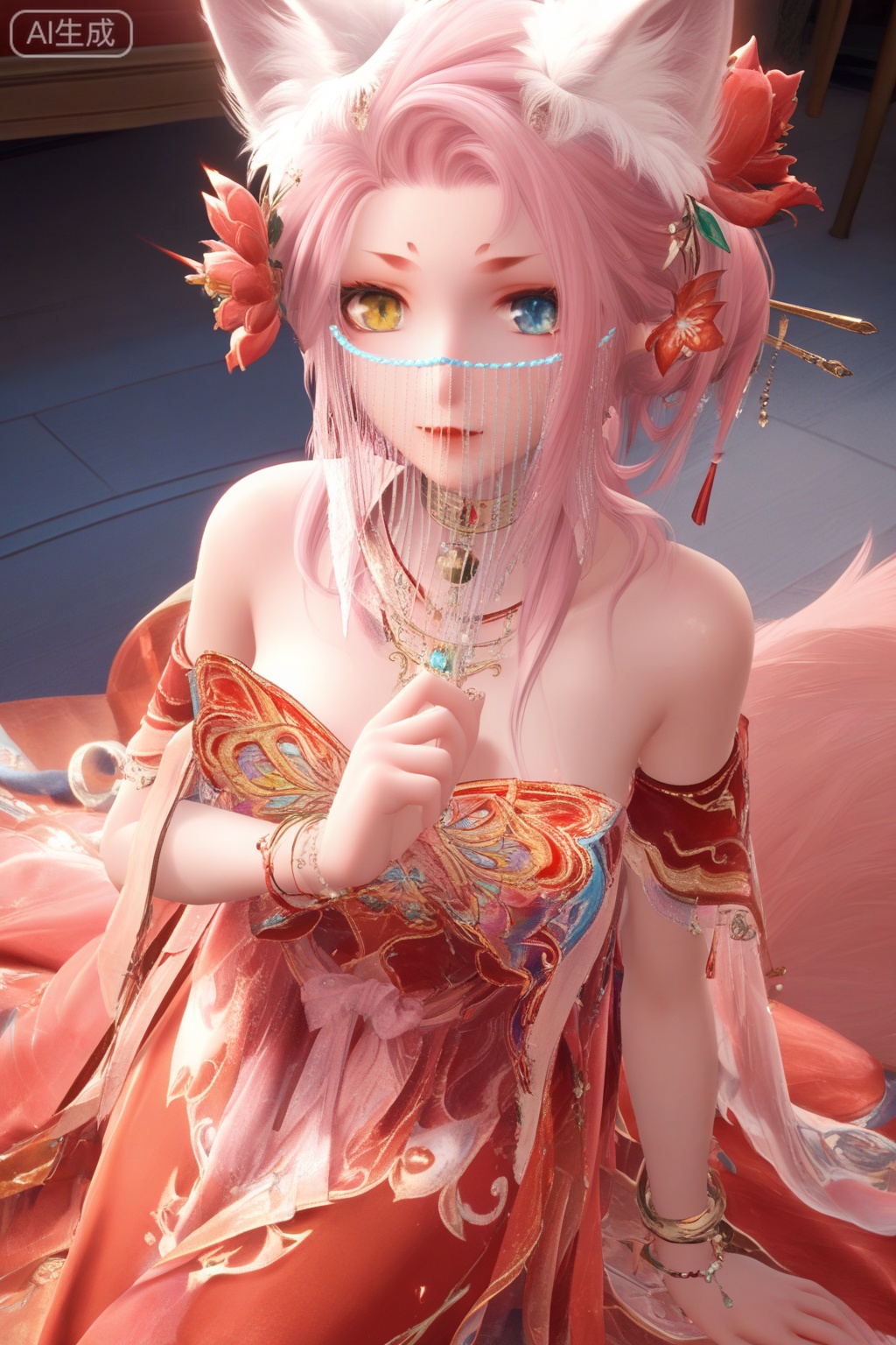 score_9,score_8_up,score_7_up,1girl,solo,looking at viewer,long hair,blue eyes,hair ornament,bare shoulders,red dress,jewelry,yellow eyes,pink hair,hair flower,animal ear fluff,fox ears,heterochromia,facial mark,veil,facing viewer,faceoff,hand,breasts, (wrist:1.3),hand up,indoors,sitting,soles,toes,feet,