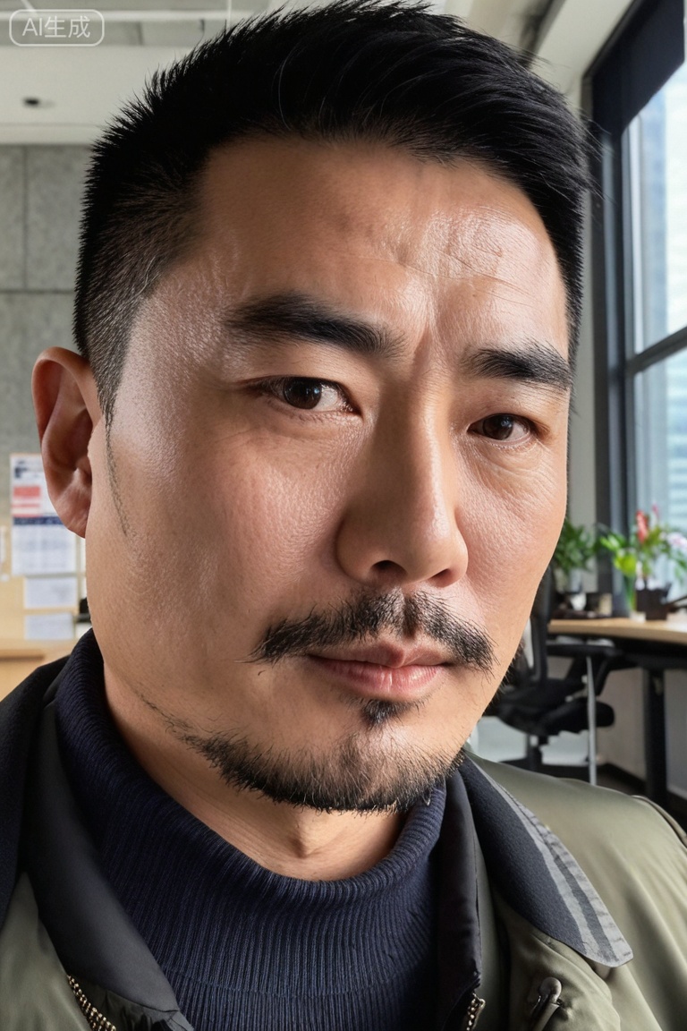质量词: masterpiece, best quality, amazing quality, very aesthetic, absurdres, highres, newest
画面风格: realistic, blurry background, simple background
人物: 1 man, middle aged man, male focus, solo, asian, mature male
人物特征: facial hair, black hair, black eyes, closed mouth, lips, thick eyebrows, short hair
事件: looking at the audience,in office