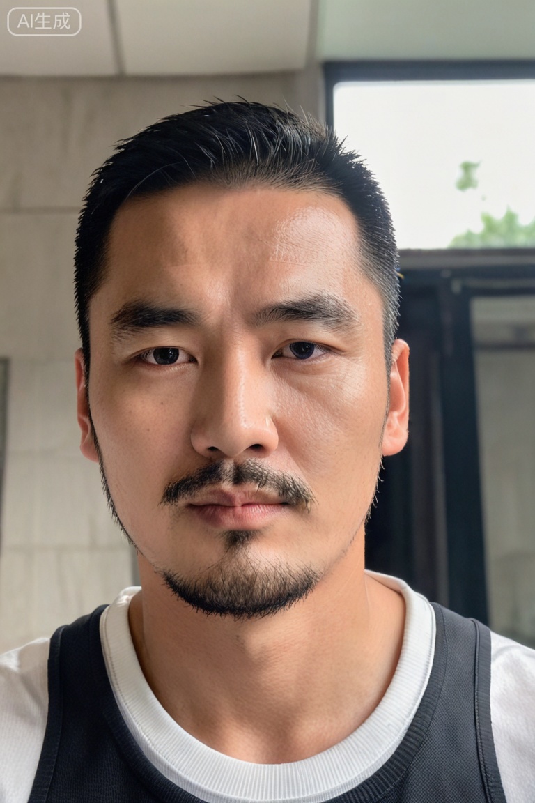 质量词: masterpiece, best quality, amazing quality, very aesthetic, absurdres, highres, newest
画面风格: realistic, blurry background, simple background
人物: 1 man, young man, male focus, solo, asian, mature male
人物特征: facial hair, black hair, black eyes, closed mouth, lips, thick eyebrows, short hair
事件: looking at the audience,hol