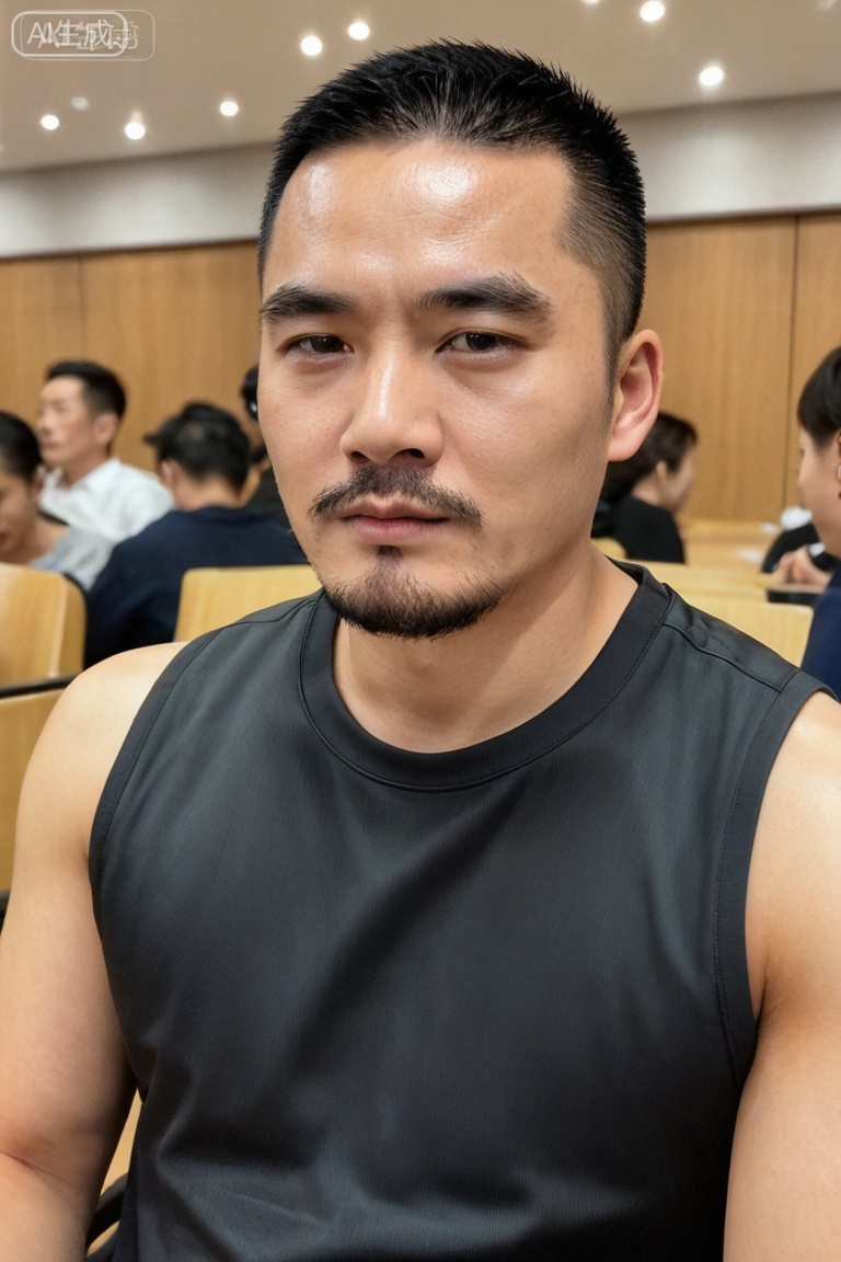 质量词: masterpiece, best quality, amazing quality, very aesthetic, absurdres, highres, newest
画面风格: realistic, blurry background, simple background
人物: 1 man, young man, male focus, solo, asian, mature male
人物特征: facial hair, black hair, black eyes, closed mouth, lips, thick eyebrows, short hair
事件: looking at the audience,hol